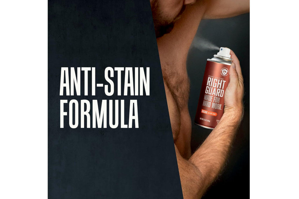 Right Guard Sport Original aerosol spray action showing even coverage for workouts