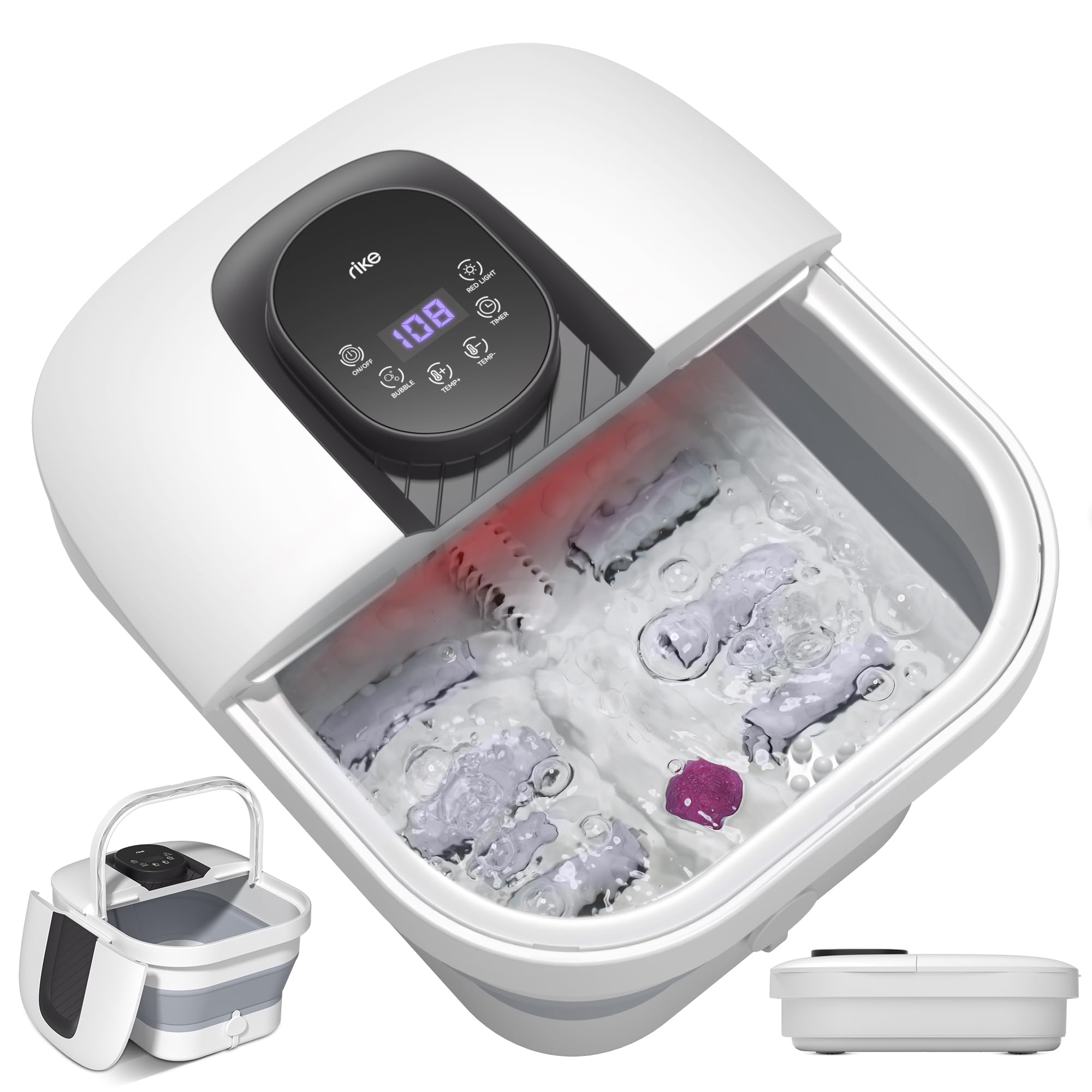 RIKE collapsible foot spa folded for compact storage and travel.
