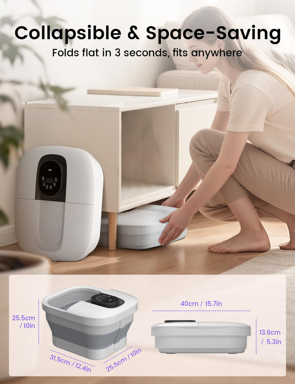 RIKE collapsible foot spa folds flat for space-saving storage.