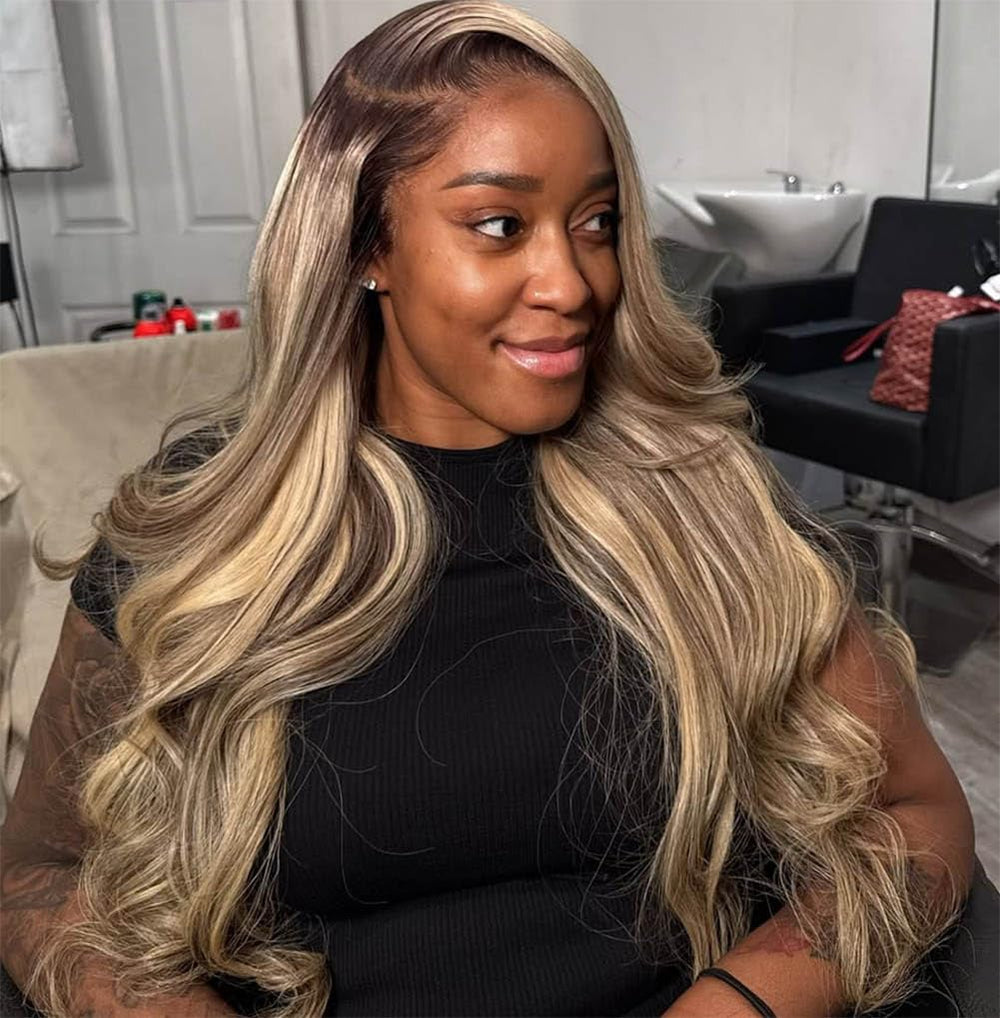 Rina 13x6 lace-front wig front view with ombre milk tea ash blonde for natural-looking part
