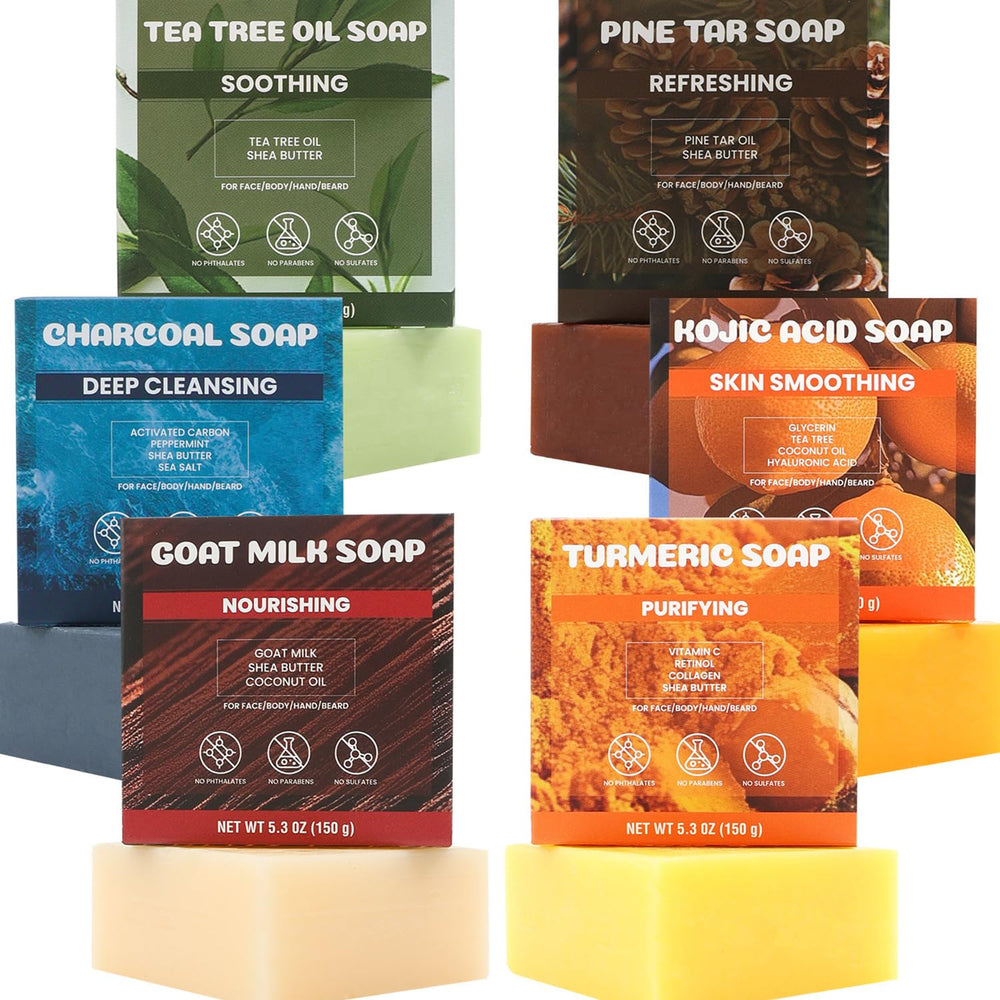 Rinse & Robust gift box display; six premium soaps in a stylish arrangement.