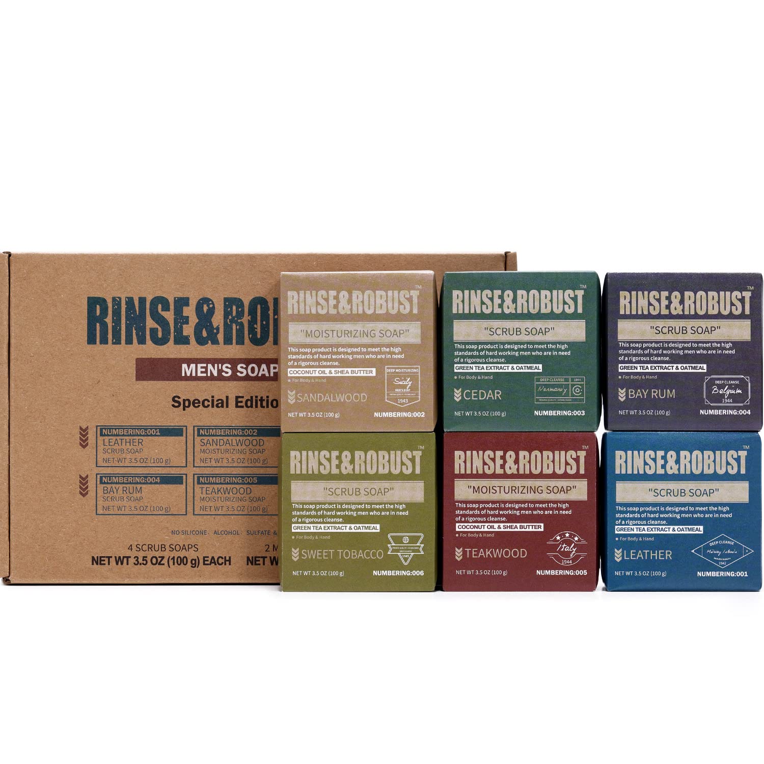 Rinse & Robust mens soap set packaging box ideal for gifting and travel.