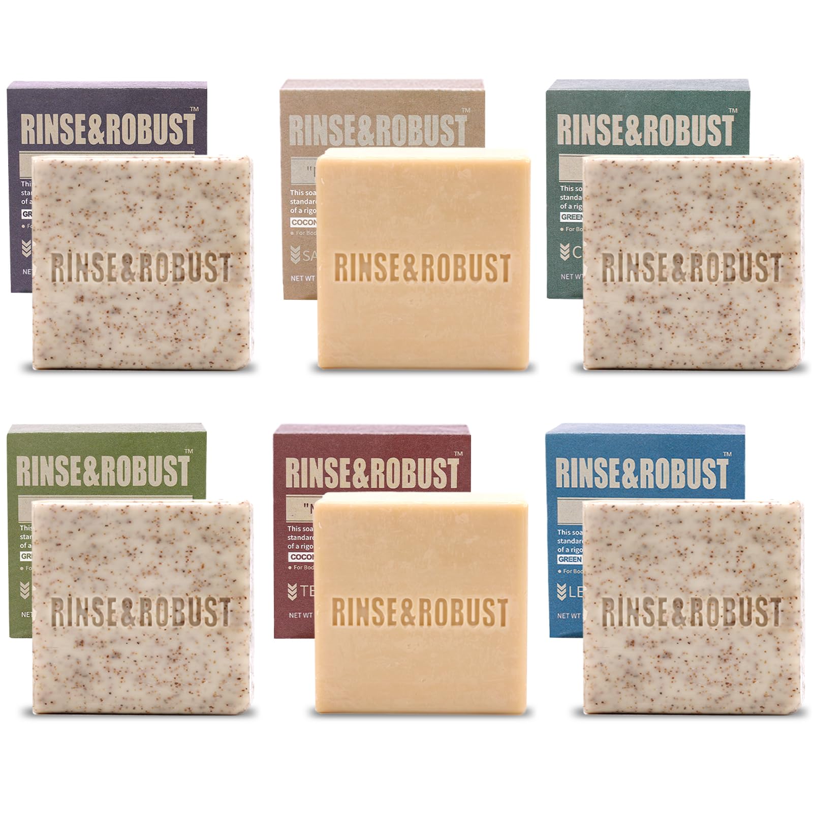 Rinse and Robust six-bar display close-up for versatile skincare routines.