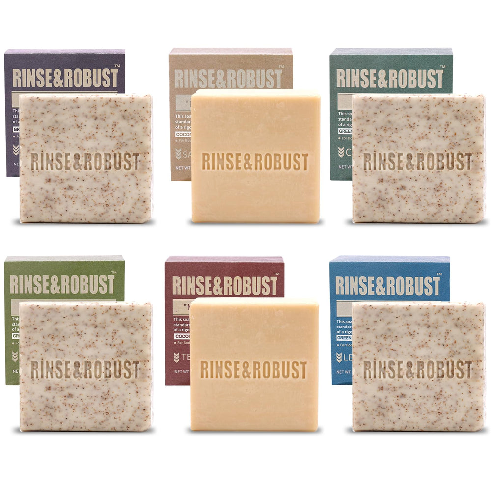 Rinse and Robust six-bar display close-up for versatile skincare routines.