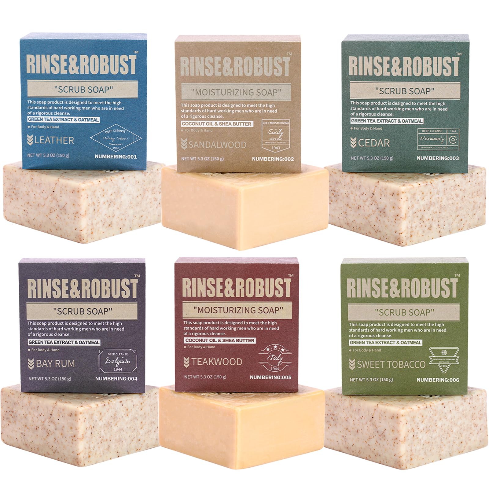 Rinse and Robust six-bars pack shot shows a gift-ready mens soap set