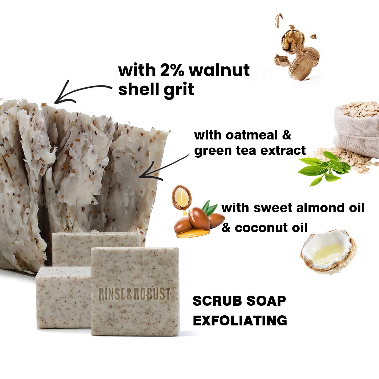 Rinse & Robust walnut exfoliating particles close-up, natural scrub texture