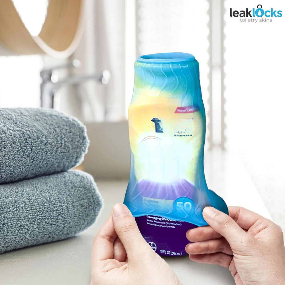 Rinseroo LeakLocks bottle sleeve on display shows universal fit for travel and standard bottles