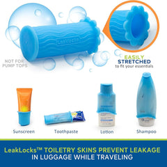 Rinseroo LeakLocks sleeve in travel bag protecting contents from leaks during transit