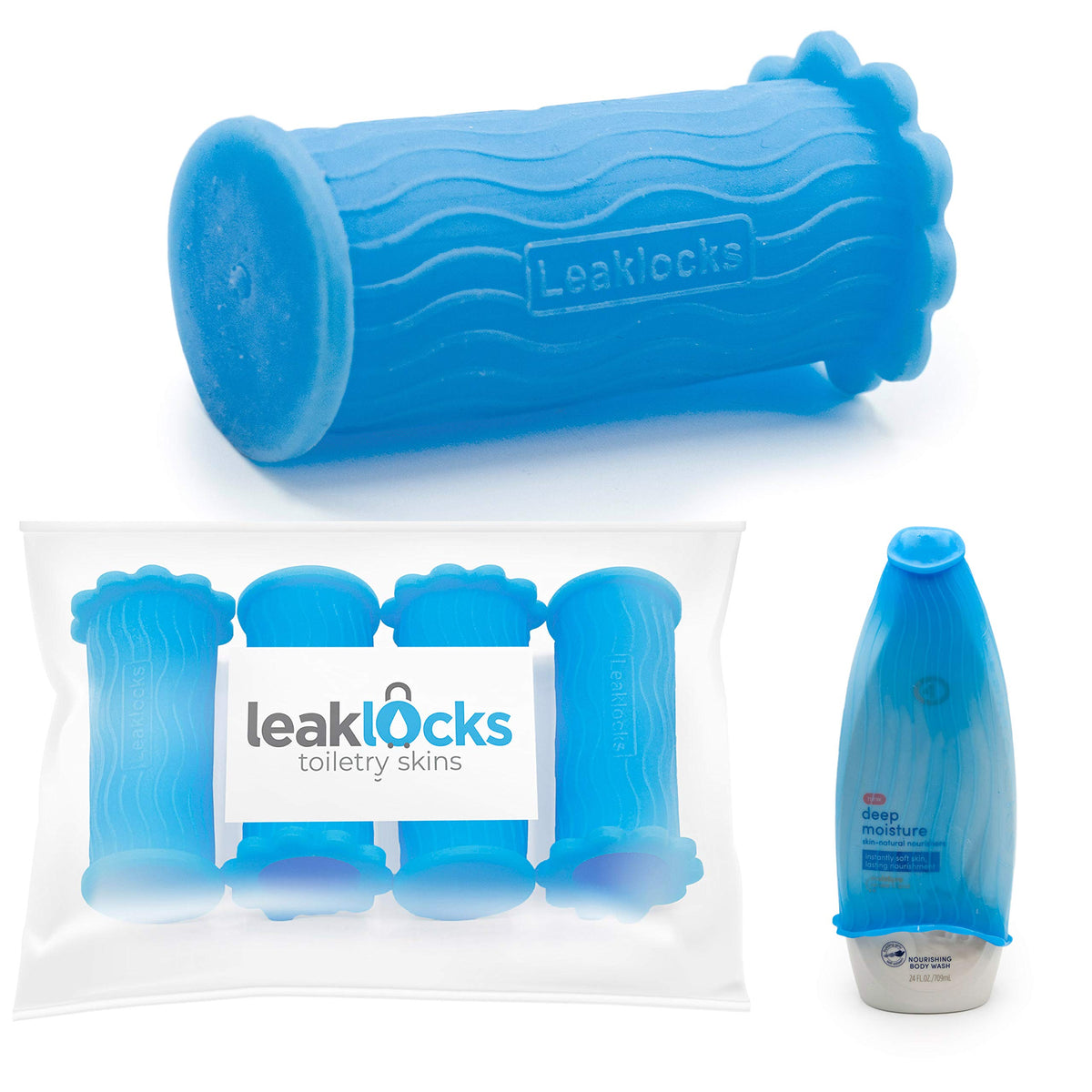 Rinseroo LeakLocks Toiletry Skins packaged for travel to prevent leaks