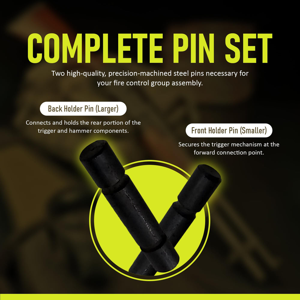 Riot Balls precision trigger pin set close-up shows hardened steel and corrosion-resistant finish