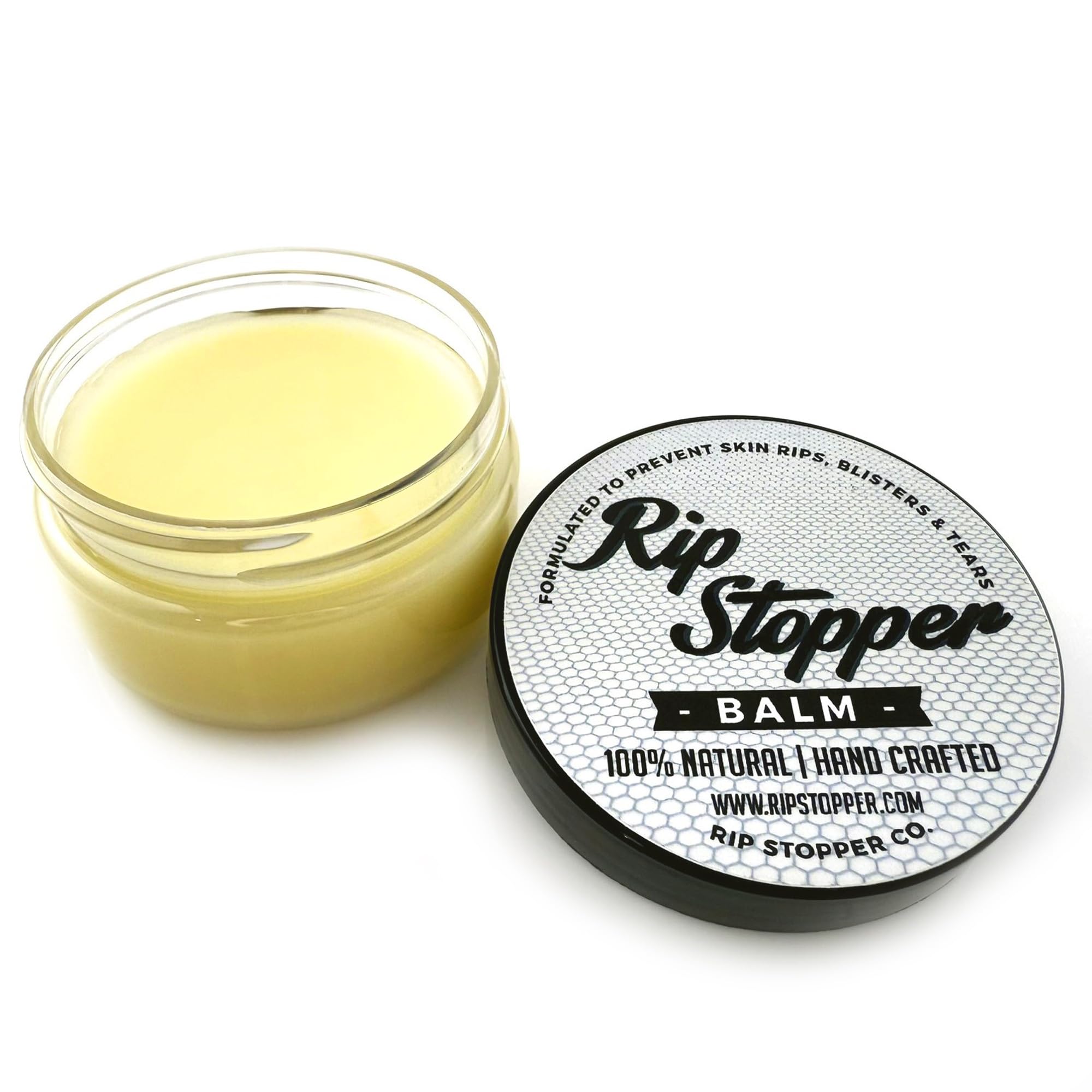 Rip Stopper Balm packaging highlighting 100% natural ingredients for skin care