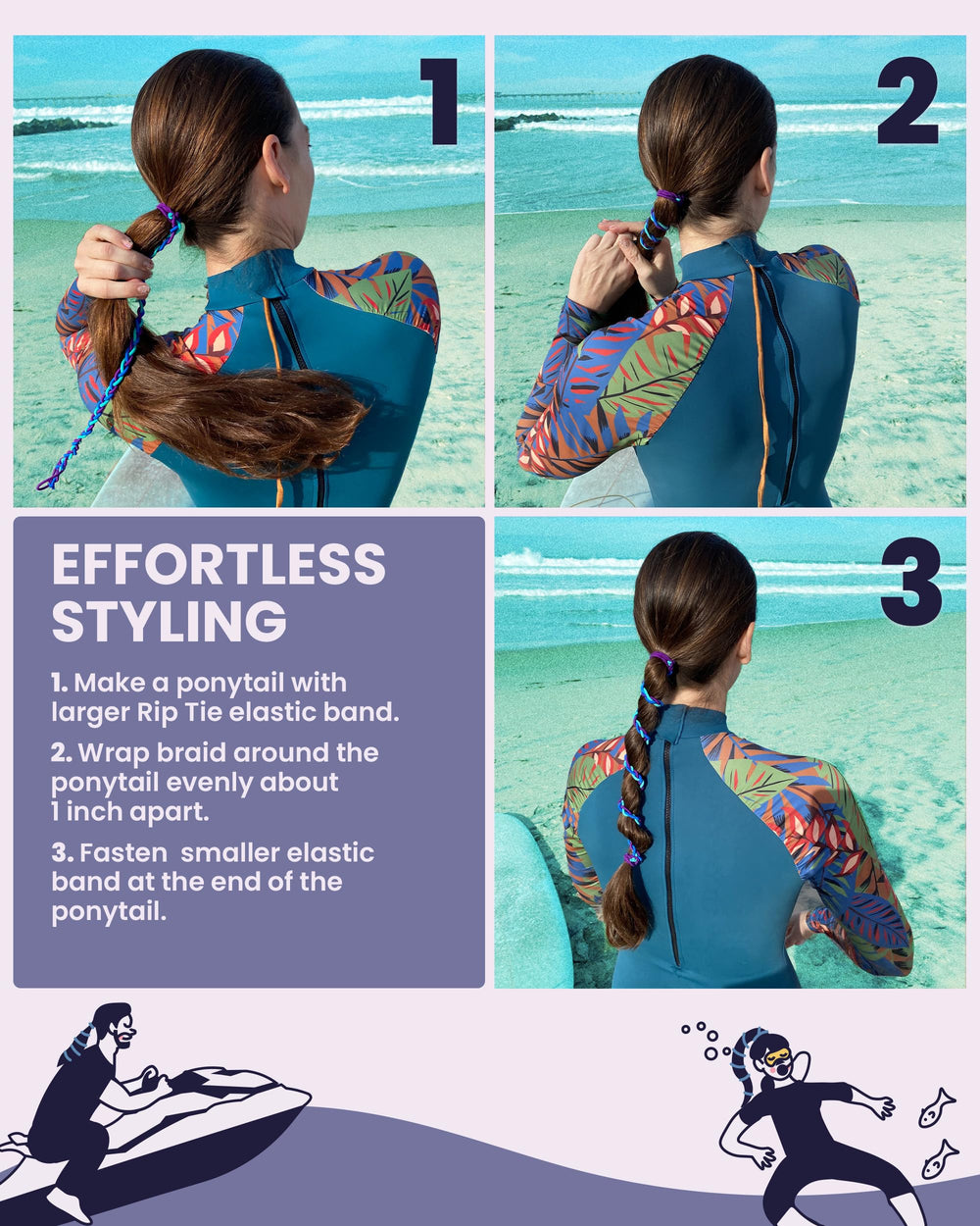 Rip Tie tropical regular 24in hair tie shown in an everyday low ponytail with gentle grip.