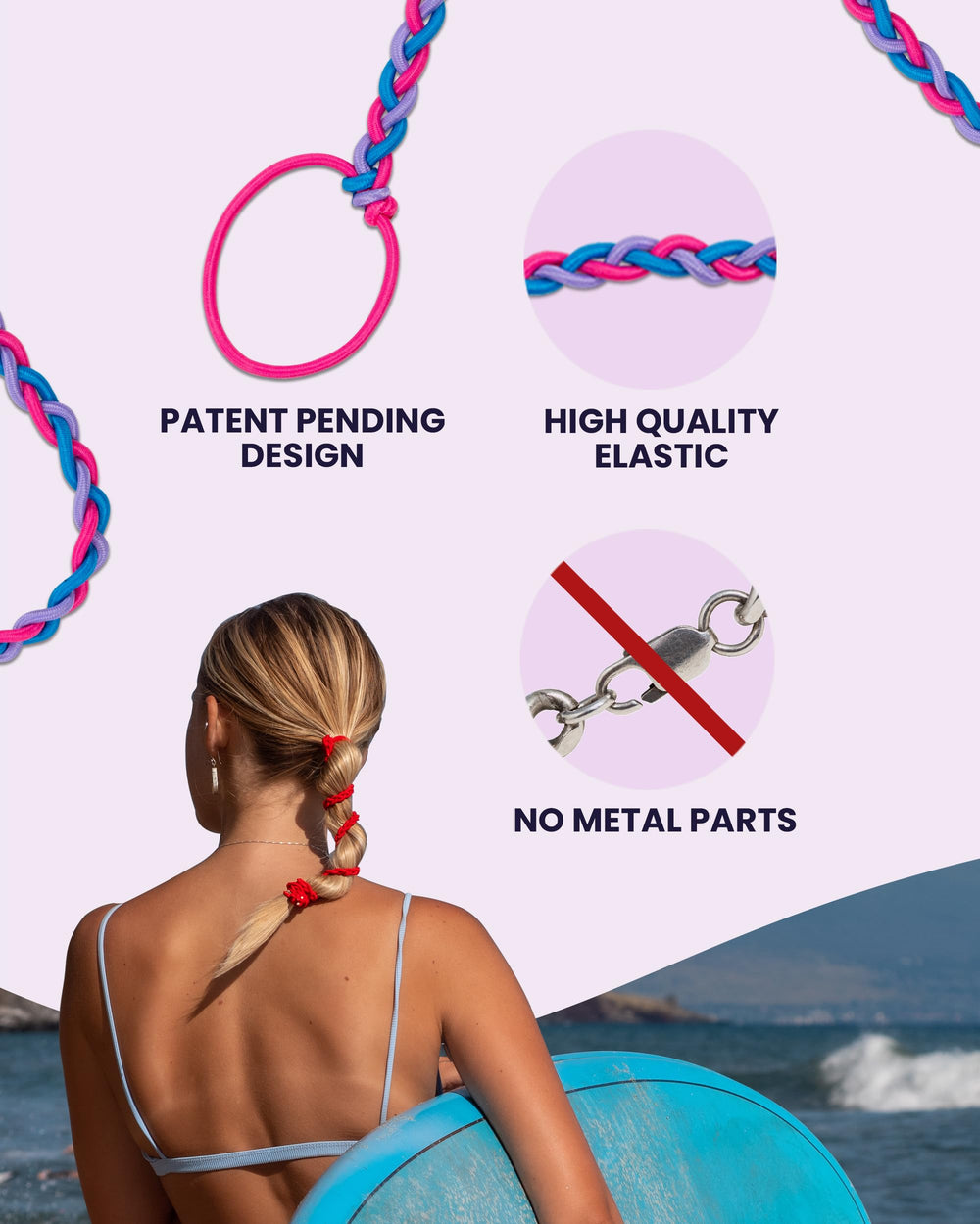 Rip Tie tropical saltwater-ready hair tie beside a surfboard after swimming.