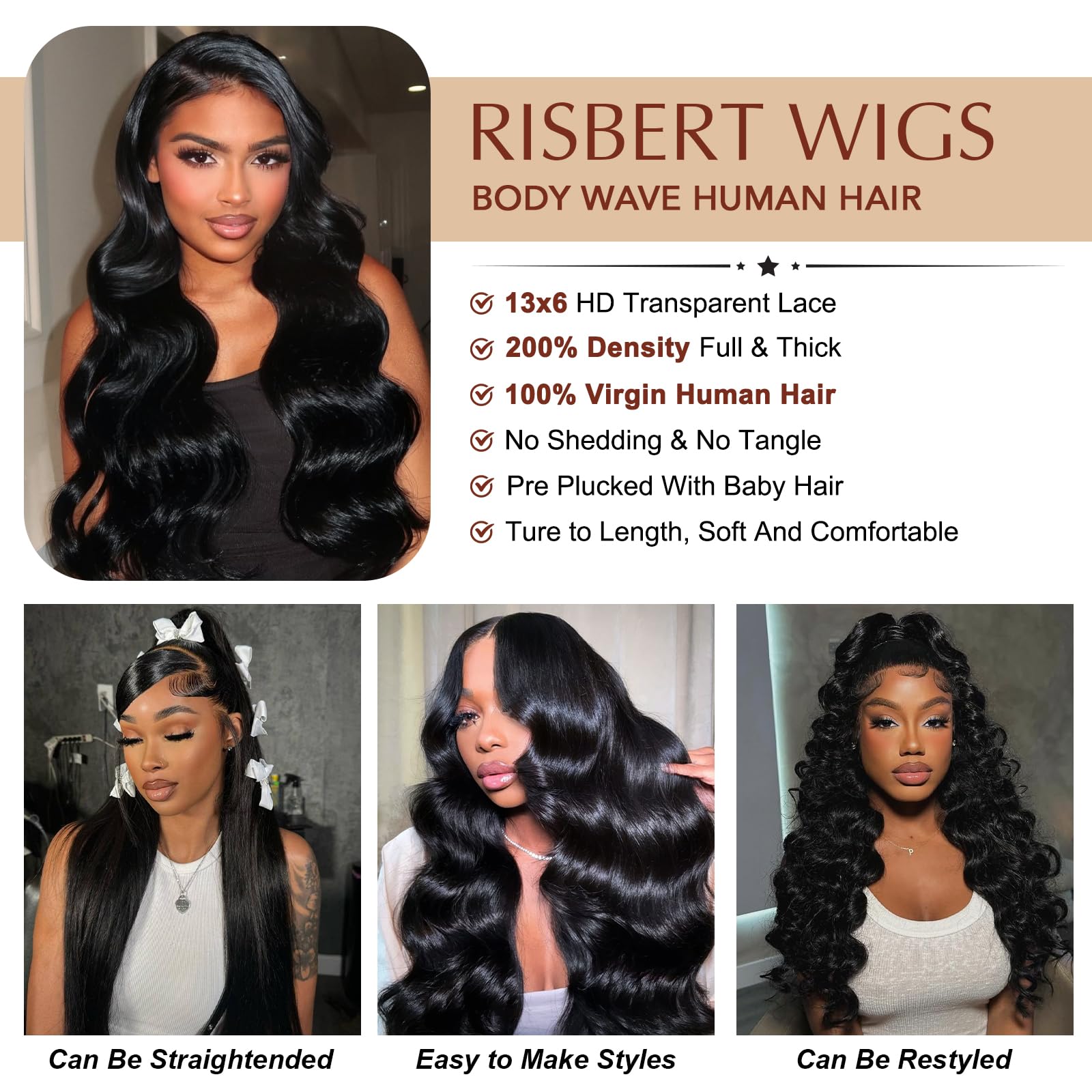 RISBERT 100percent human hair body wave wig offers soft, dense volume.