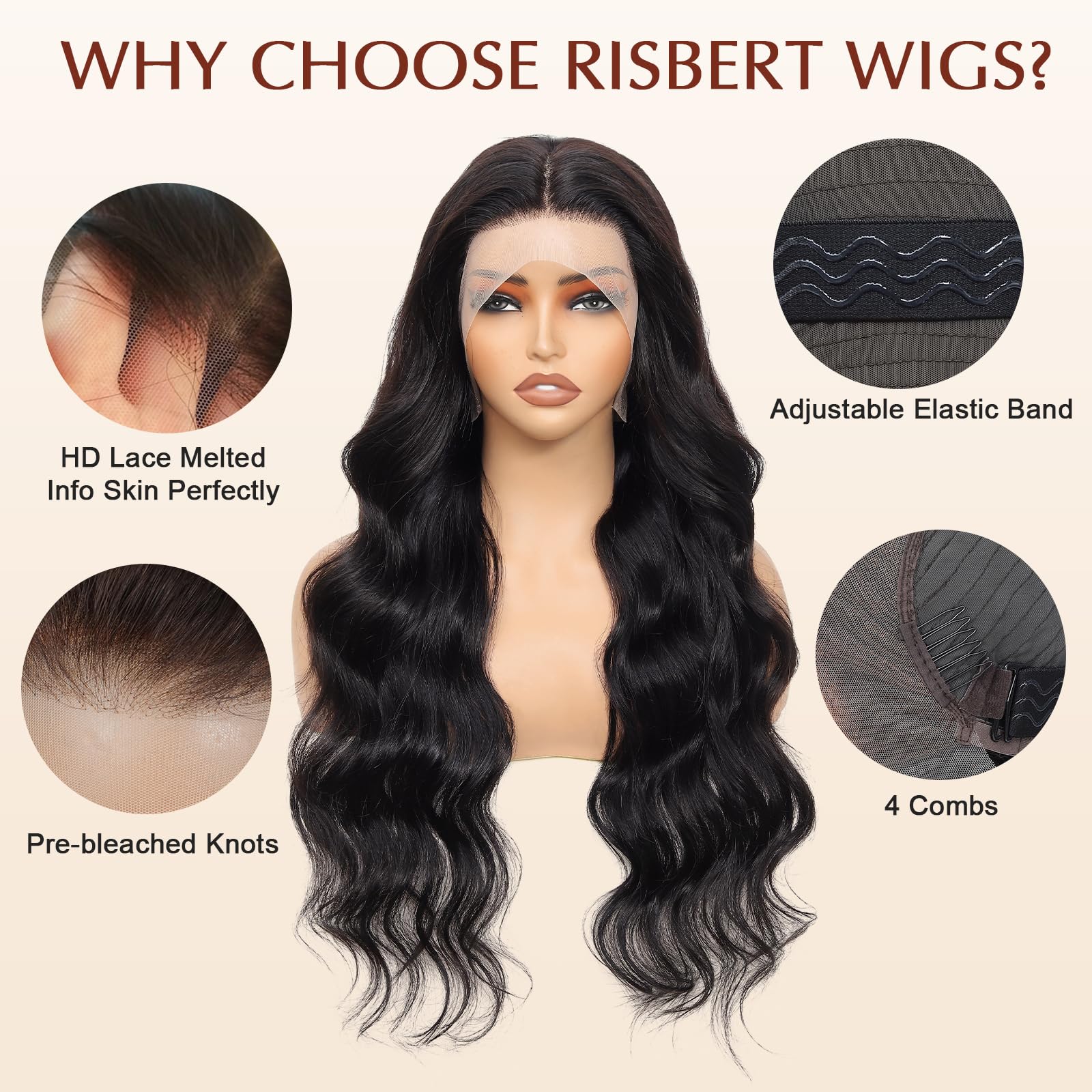 RISBERT Natural-color body-wave wig suitable for versatile everyday looks.