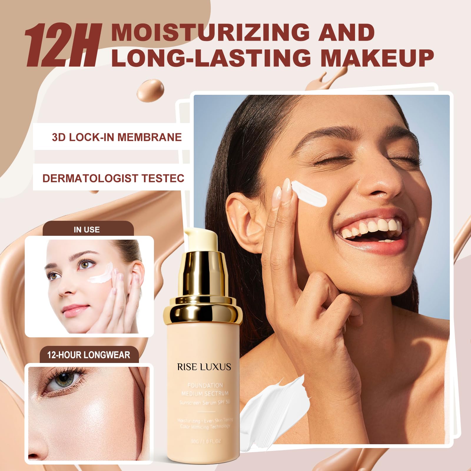 Rise Luxus Ultrablend application swatch demonstrates easy blend for even skin.