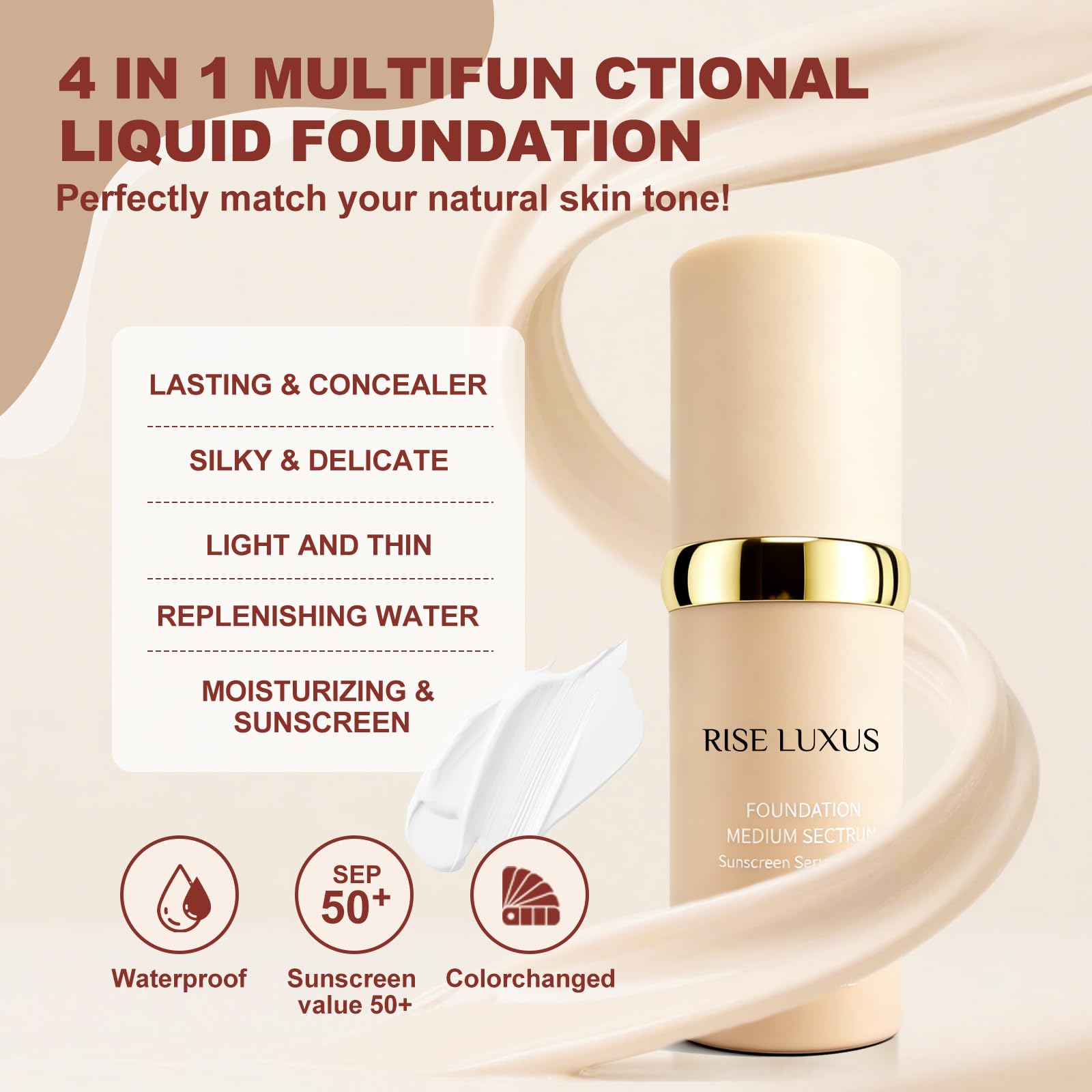 Rise Luxus Ultrablend foundation bottle glow demonstrates hydration and luminous finish.