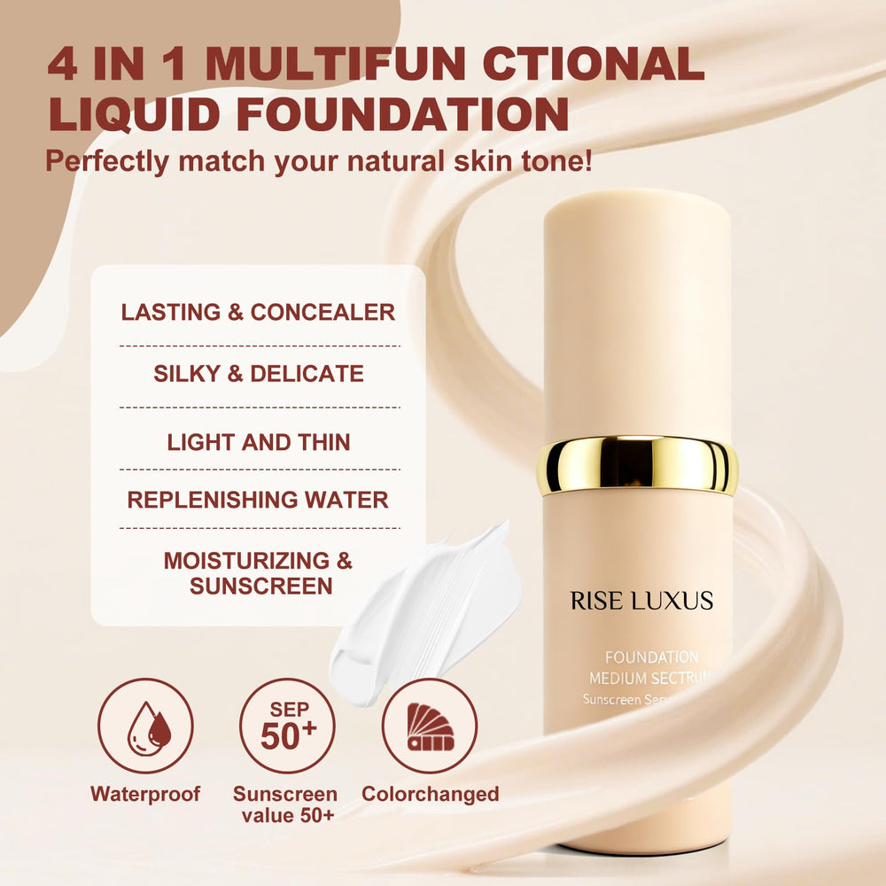 Rise Luxus Ultrablend foundation bottle glow demonstrates hydration and luminous finish.