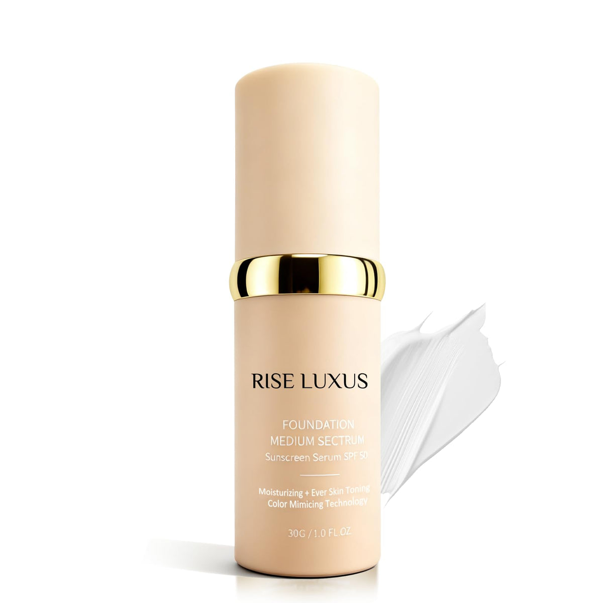Rise Luxus Ultrablend foundation close-up shows flawless coverage and natural glow.