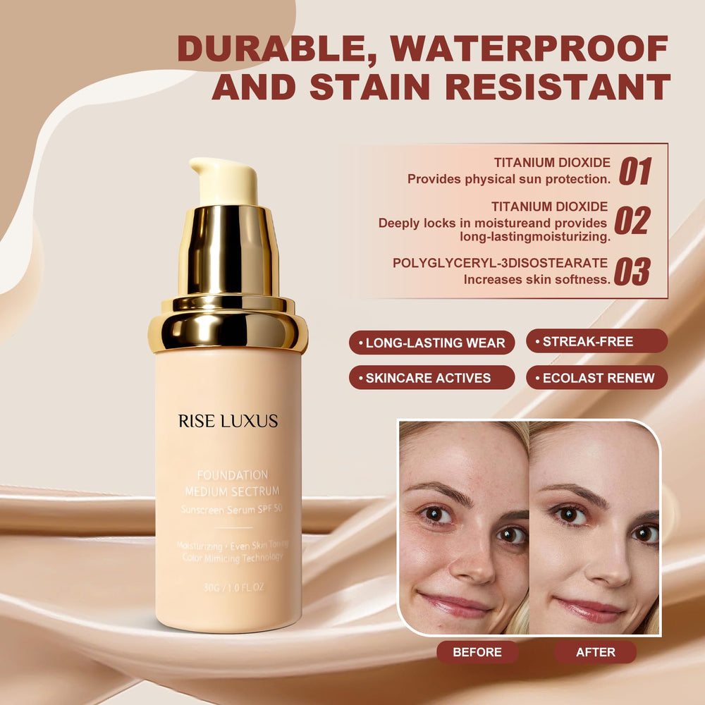 Rise Luxus Ultrablend waterproof-wear close-up shows lasting makeup look.
