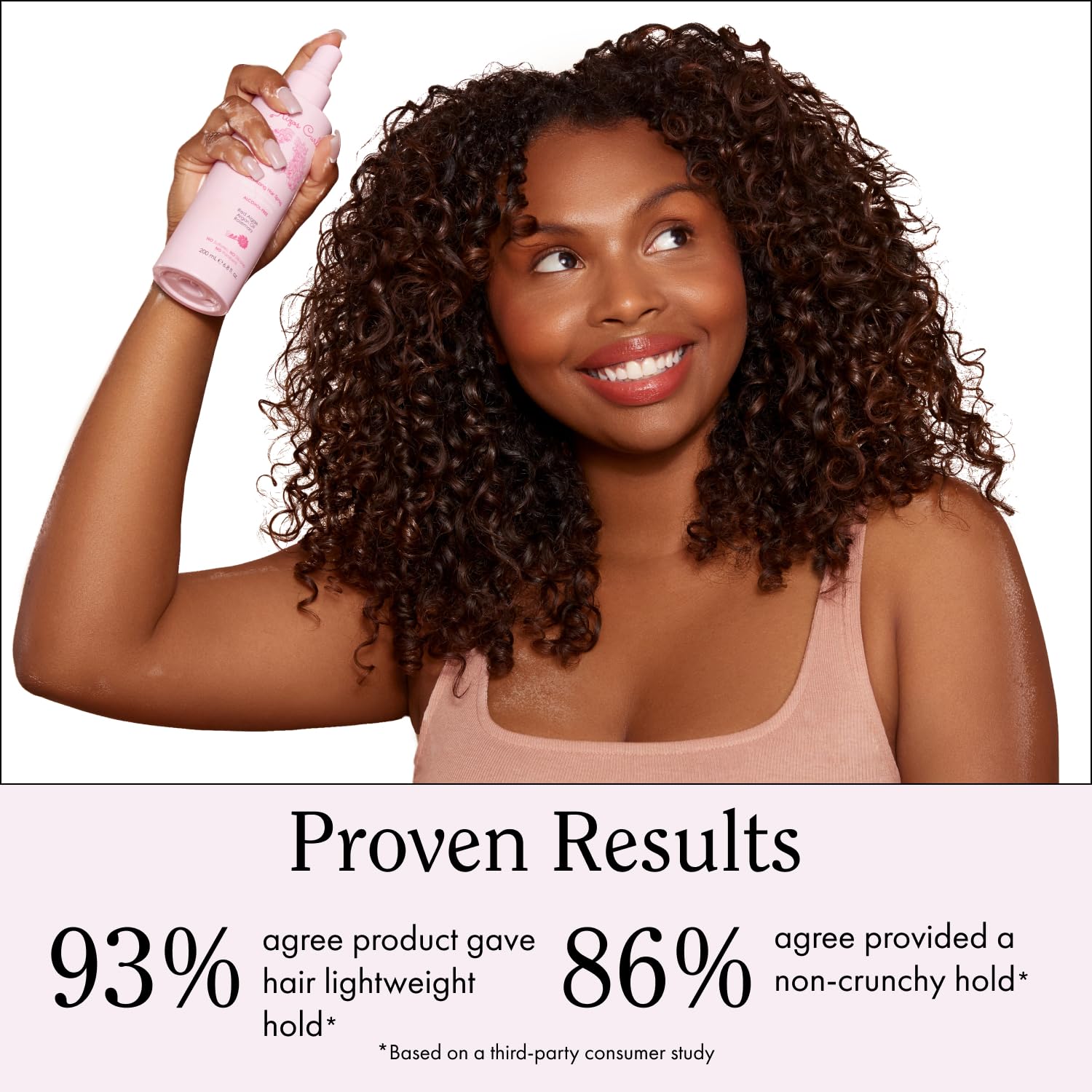 Rizos Curls alcohol-free curl spray detail highlighting argan oil benefits.