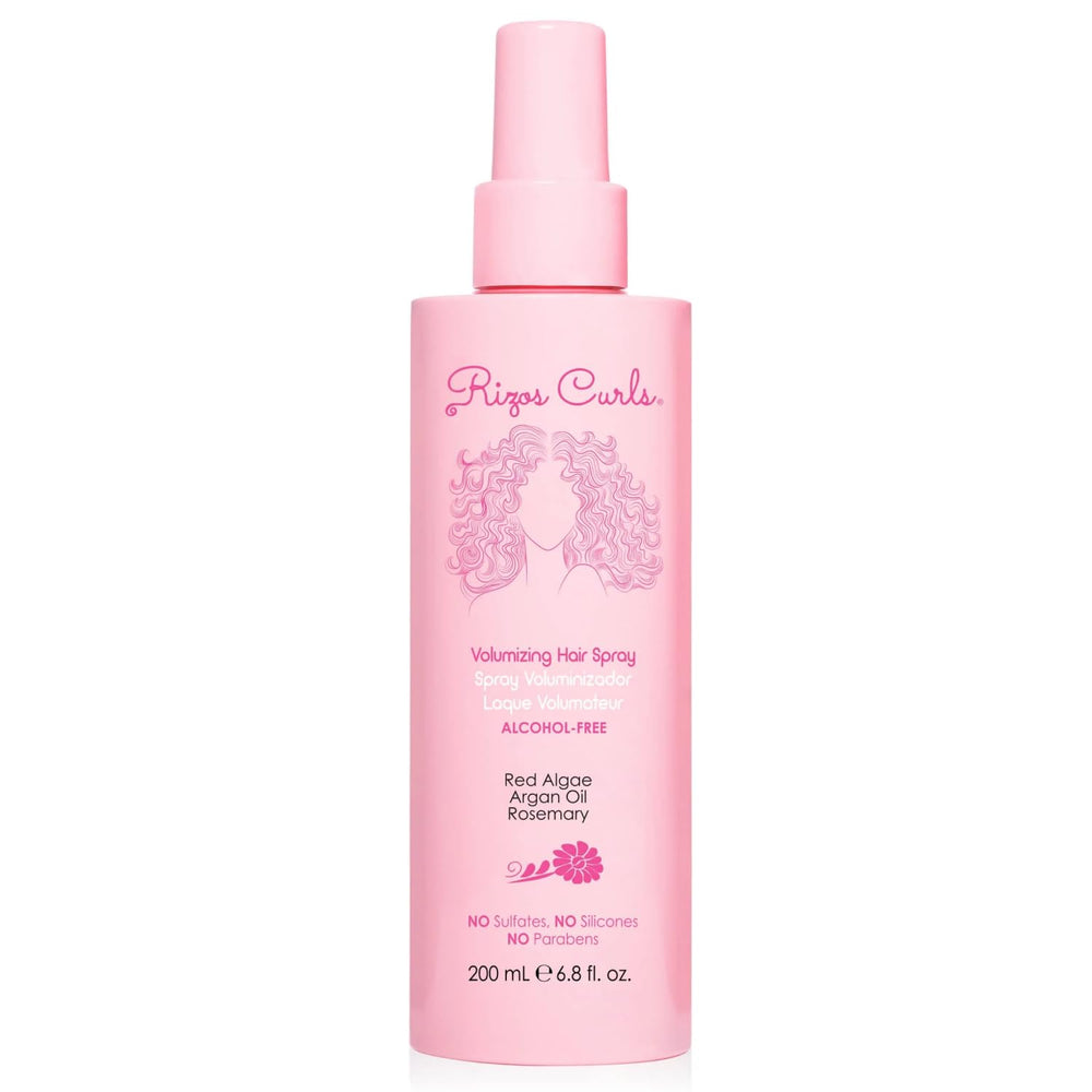 Rizos Curls alcohol-free curl spray bottle showing flexible hold for waves and coils, frizz control.