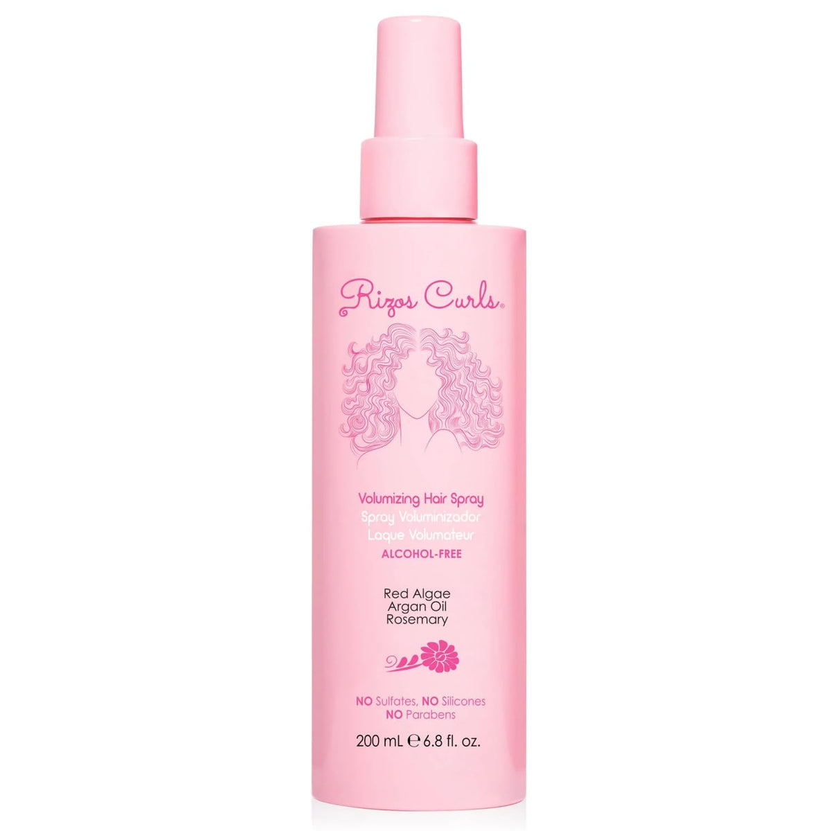 Rizos Curls alcohol-free curl spray bottle showing flexible hold for waves and coils, frizz control.