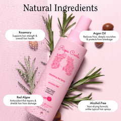 Rizos Curls alcohol-free curl spray with a shine finish on curly hair.