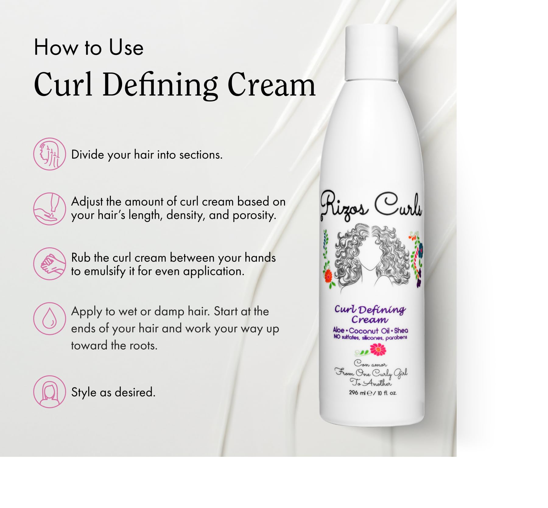 Rizos Curls clean beauty packaging reinforces cruelty-free, sulfate-free values.