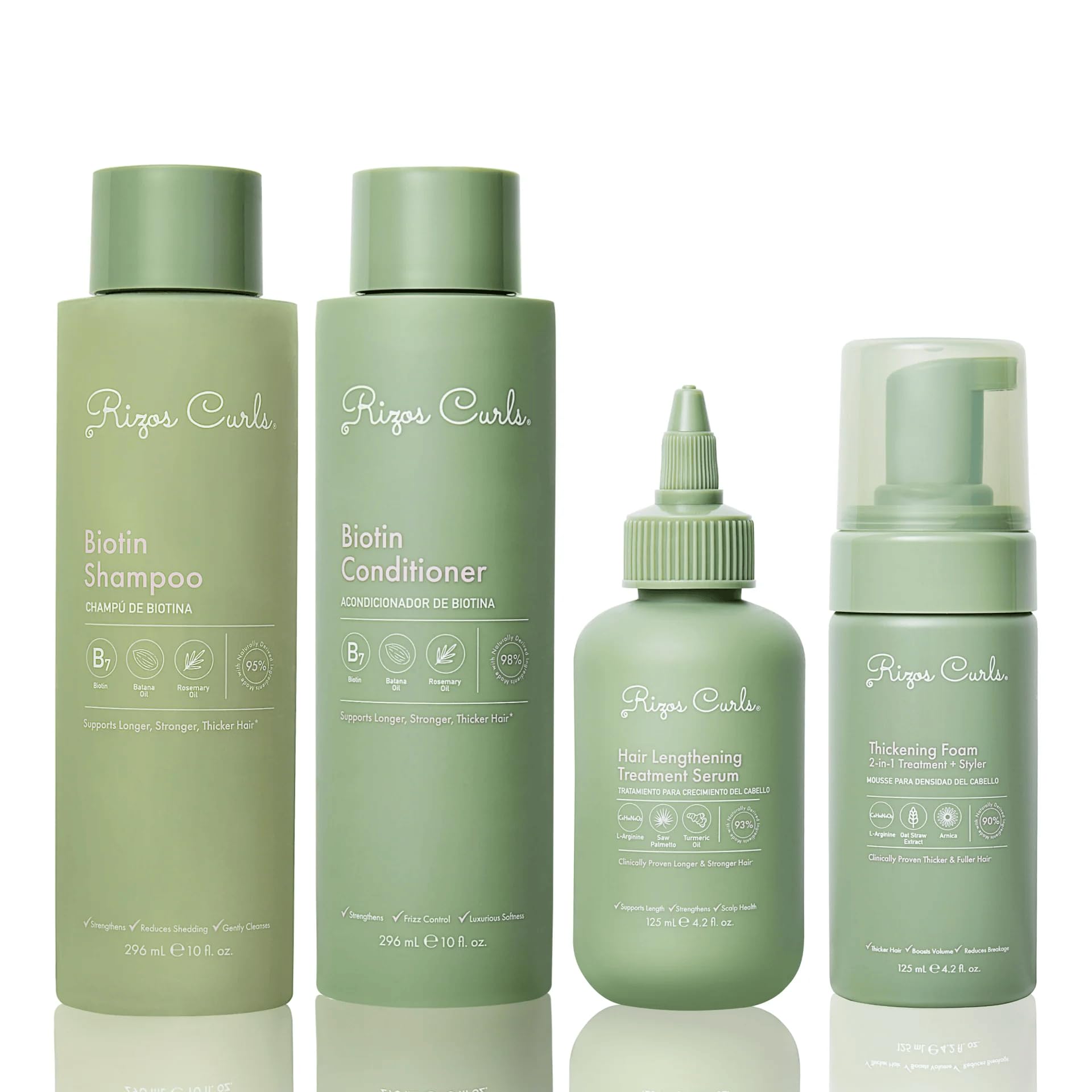 Rizos Curls complete lengthening oil bottle demonstrates longer, fuller hair potential.
