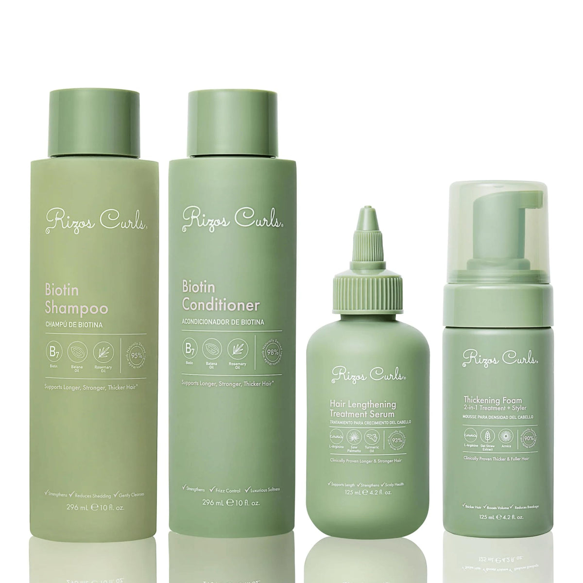 Rizos Curls complete lengthening oil bottle demonstrates longer, fuller hair potential.