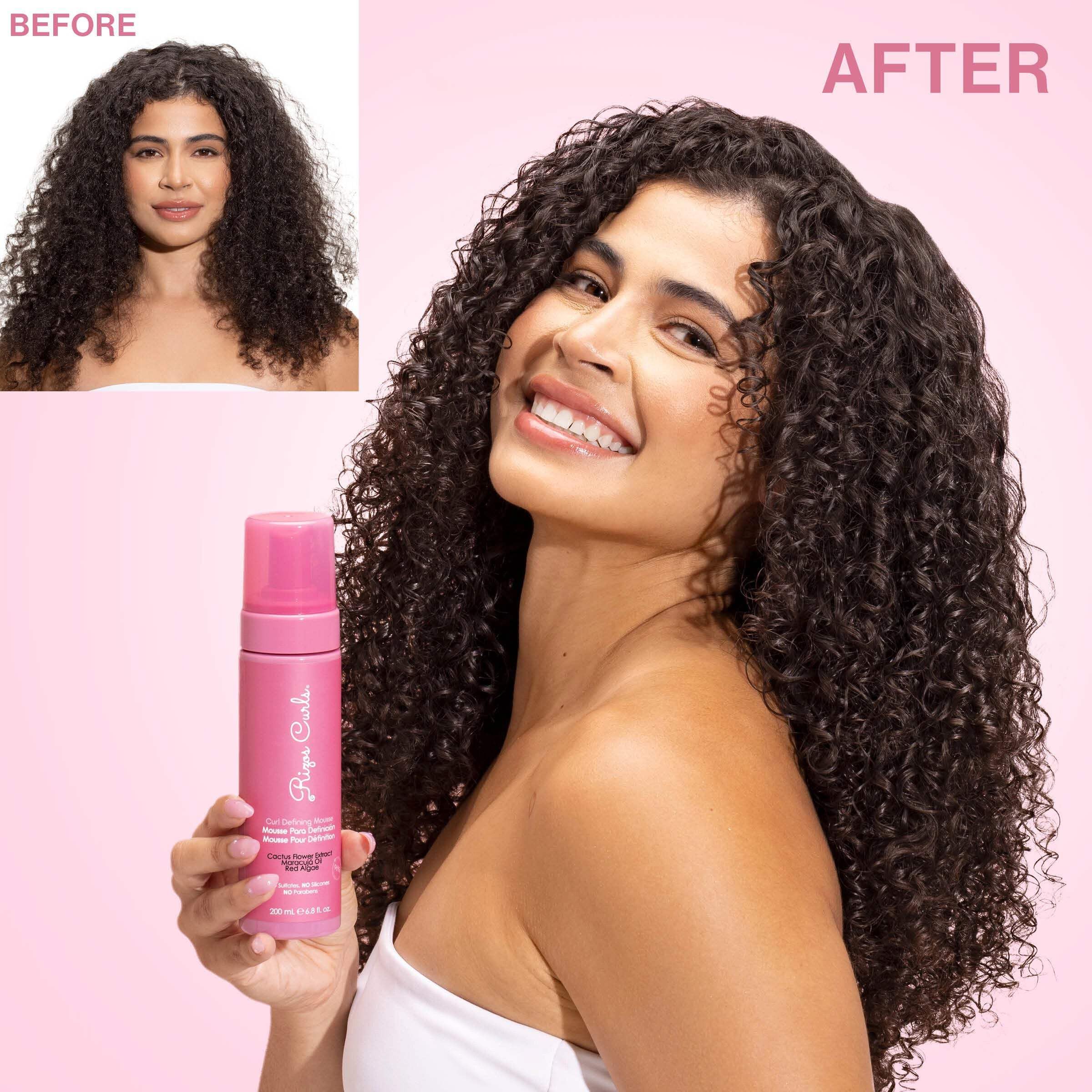 Rizos Curls Curl Defining Mousse dispensing action highlights non-aerosol use