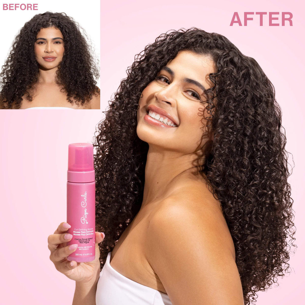 Rizos Curls Curl Defining Mousse dispensing action highlights non-aerosol use