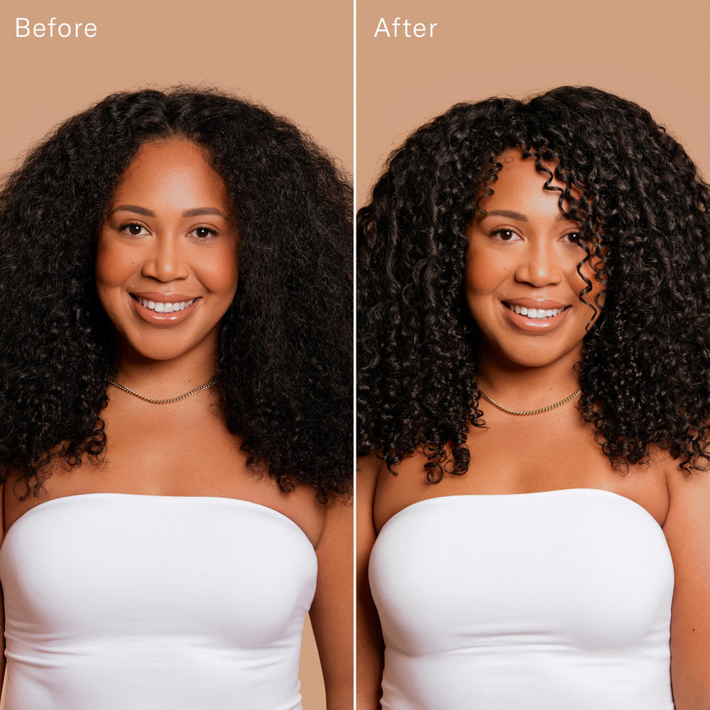 Rizos Curls Defining Custard being smoothed through hair for shine and frizz control