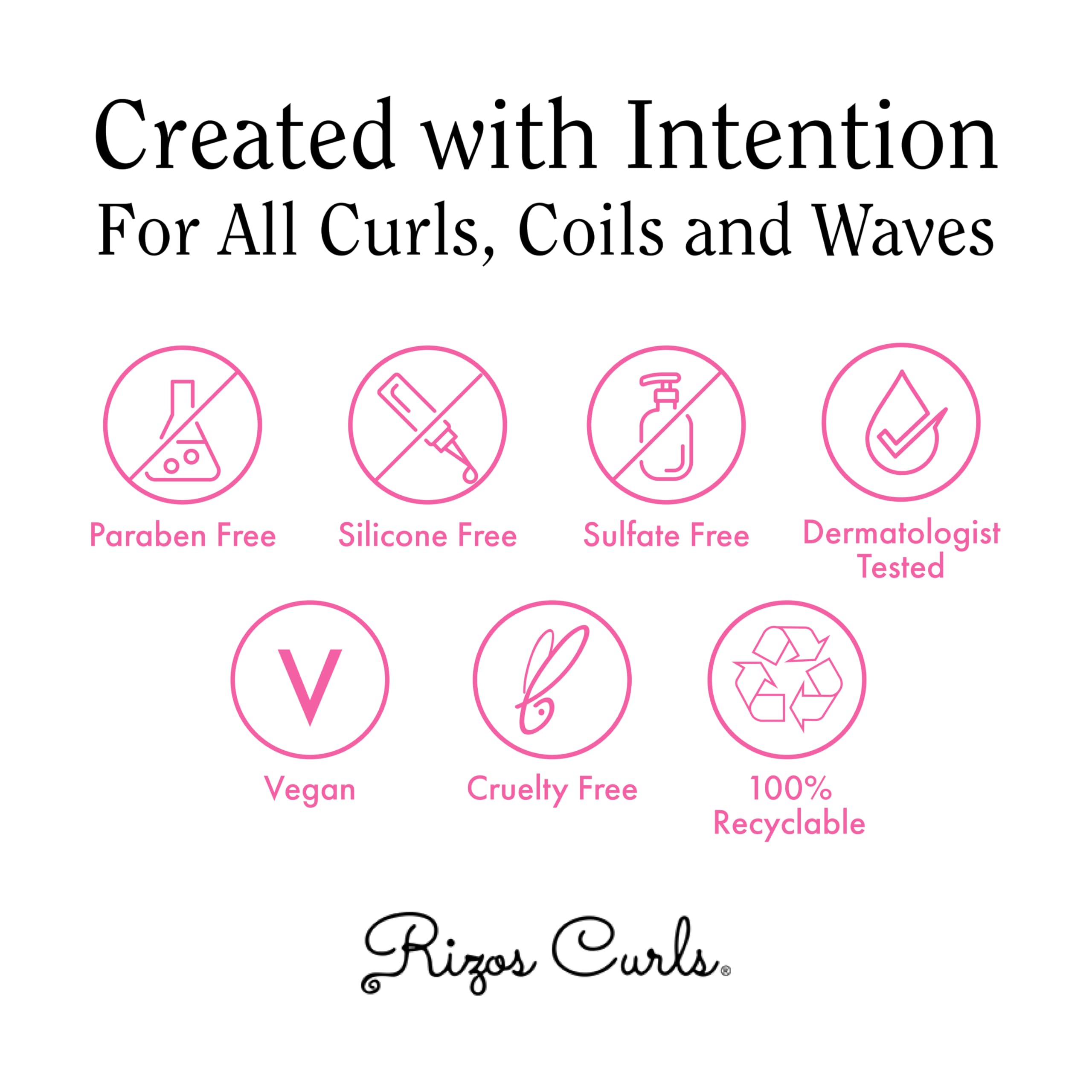 Rizos Curls dermatologist-tested label image conveying suitability for all hair types