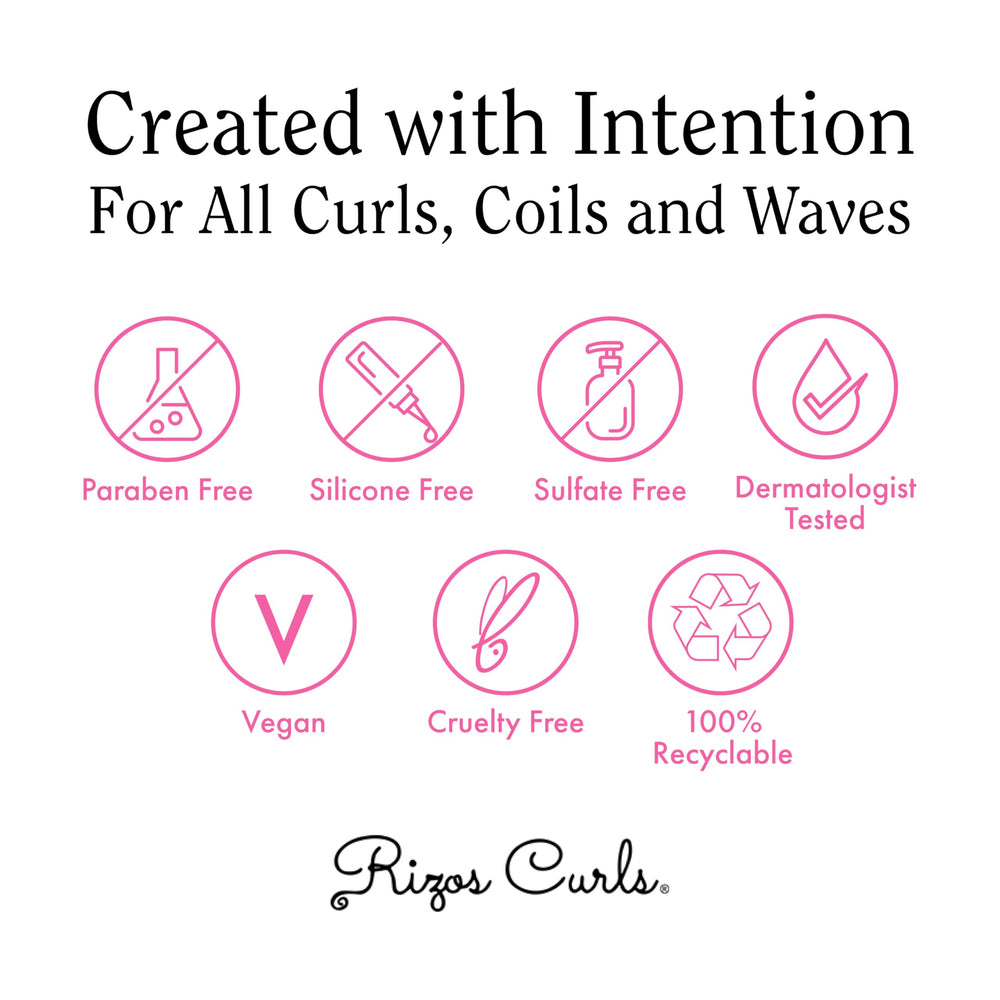 Rizos Curls dermatologist-tested label image conveying suitability for all hair types