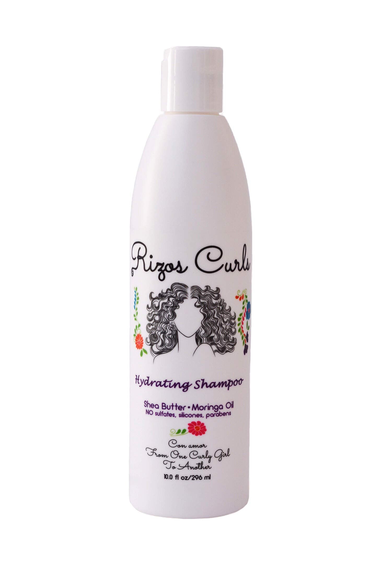 Rizos Curls Hydrating Shampoo bottle front shows luxe curl care for soft, defined waves.