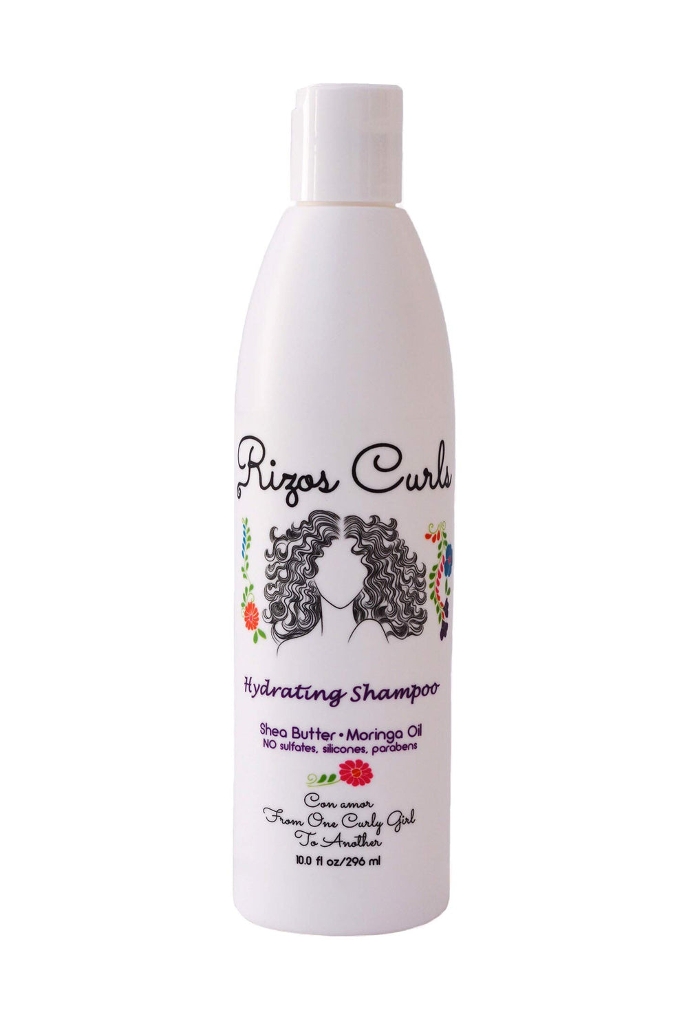 Rizos Curls Hydrating Shampoo bottle front shows luxe curl care for soft, defined waves.