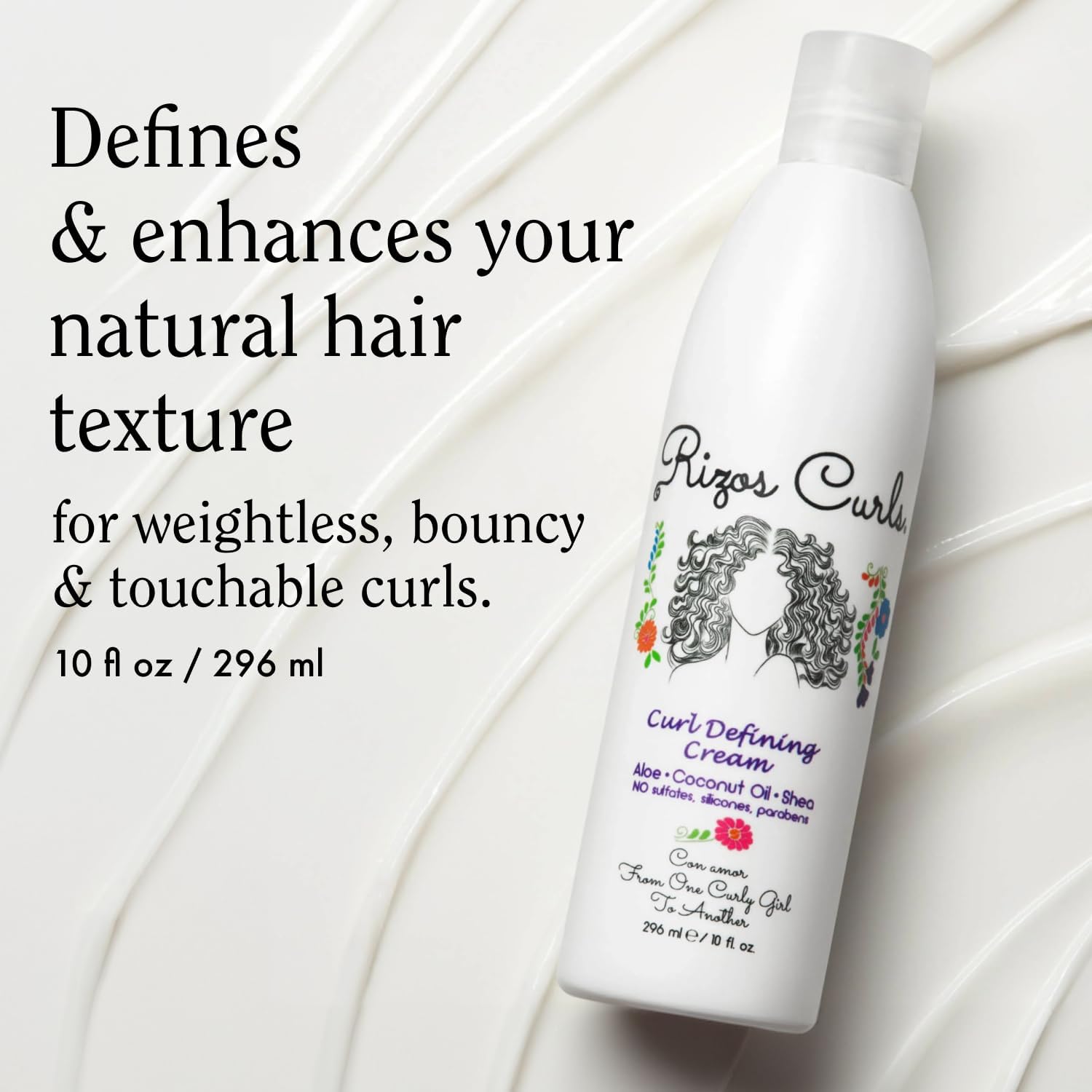 Rizos Curls ingredients label highlights aloe, shea, and coconut for deep conditioning.
