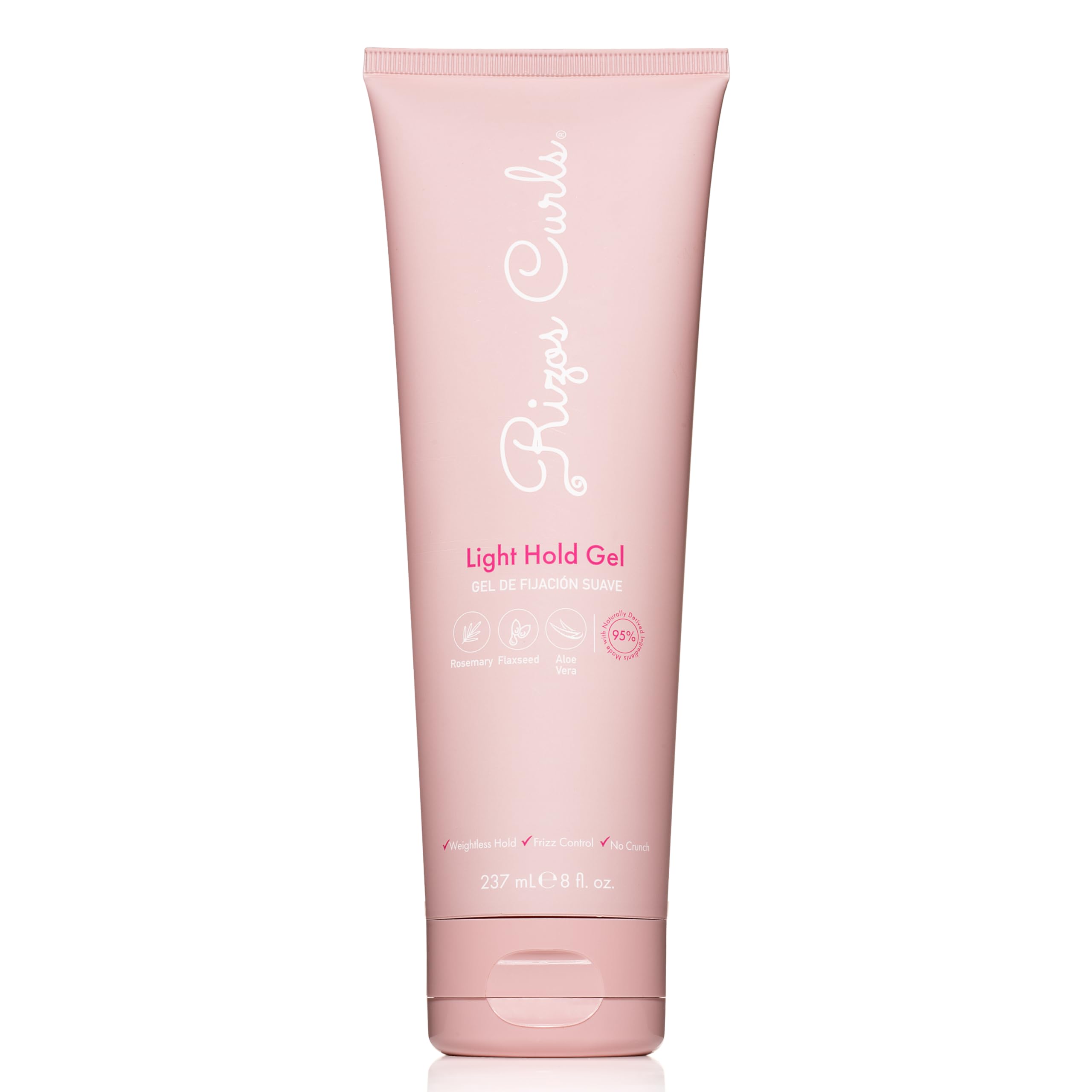 Rizos Curls Light Hold Gel bottle front shows flexible hold for waves and curls.