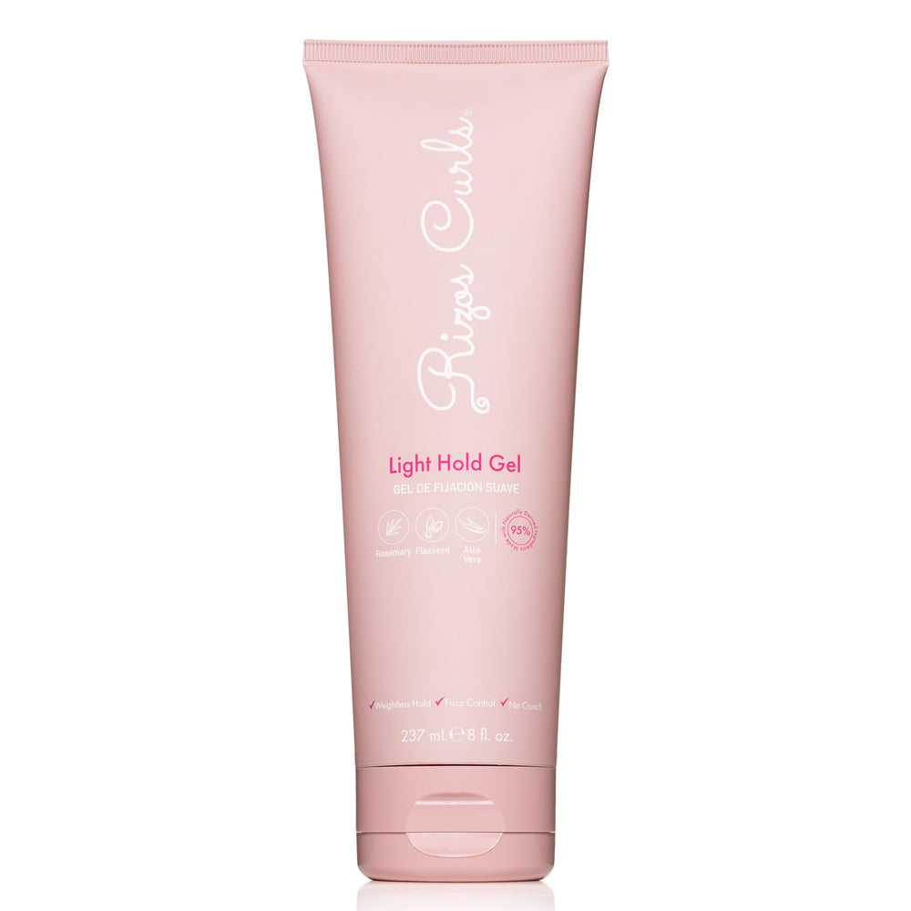 Rizos Curls Light Hold Gel bottle front shows flexible hold for waves and curls.