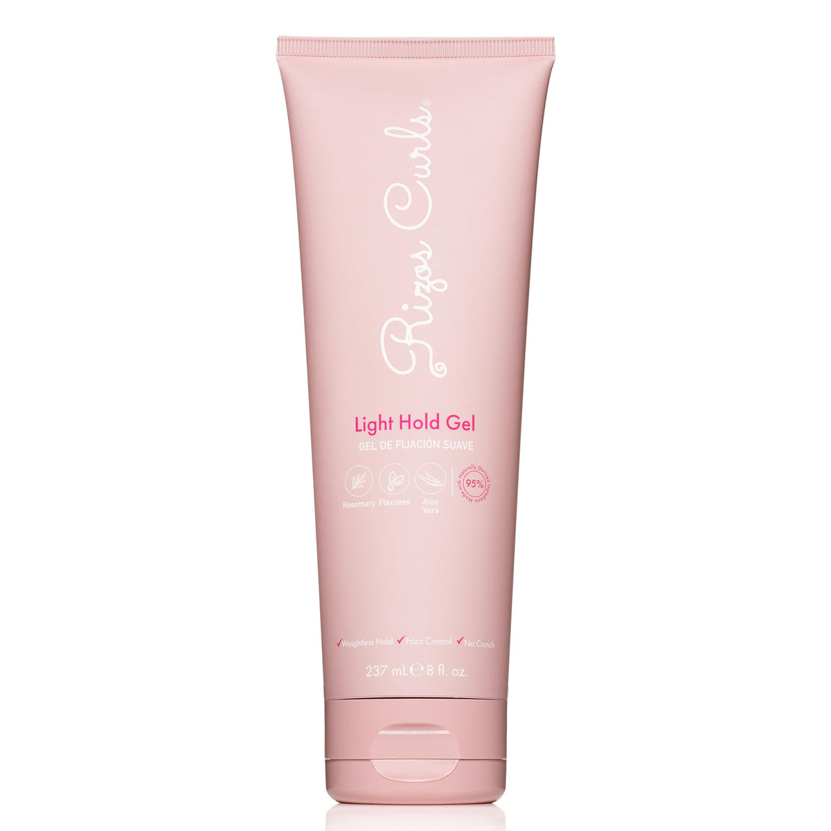 Rizos Curls Light Hold Gel bottle front shows flexible hold for waves and curls.