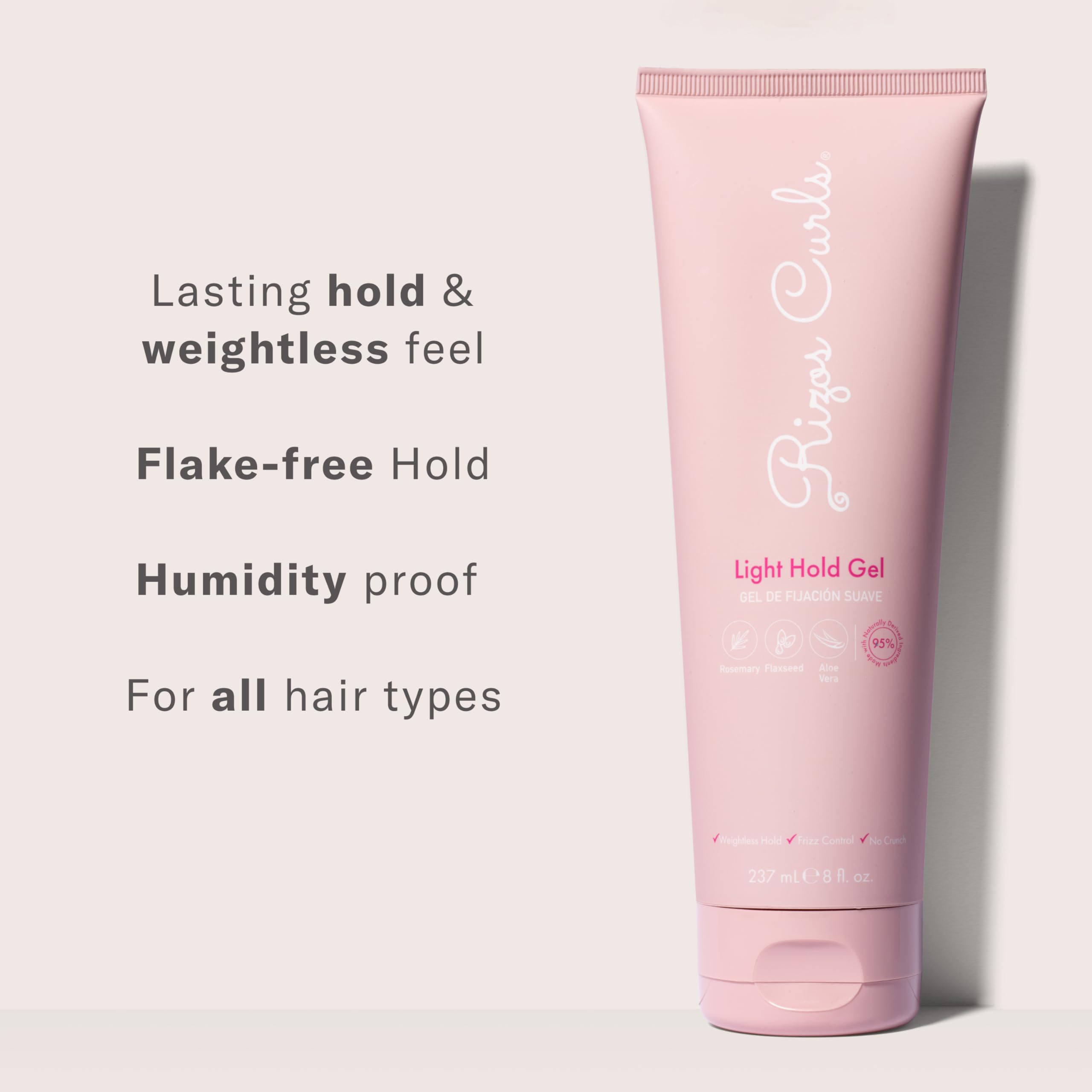 Rizos Curls Light Hold Gel adds natural shine and defined texture.
