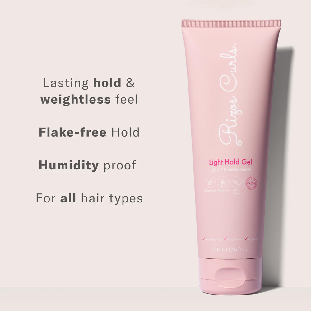 Rizos Curls Light Hold Gel adds natural shine and defined texture.