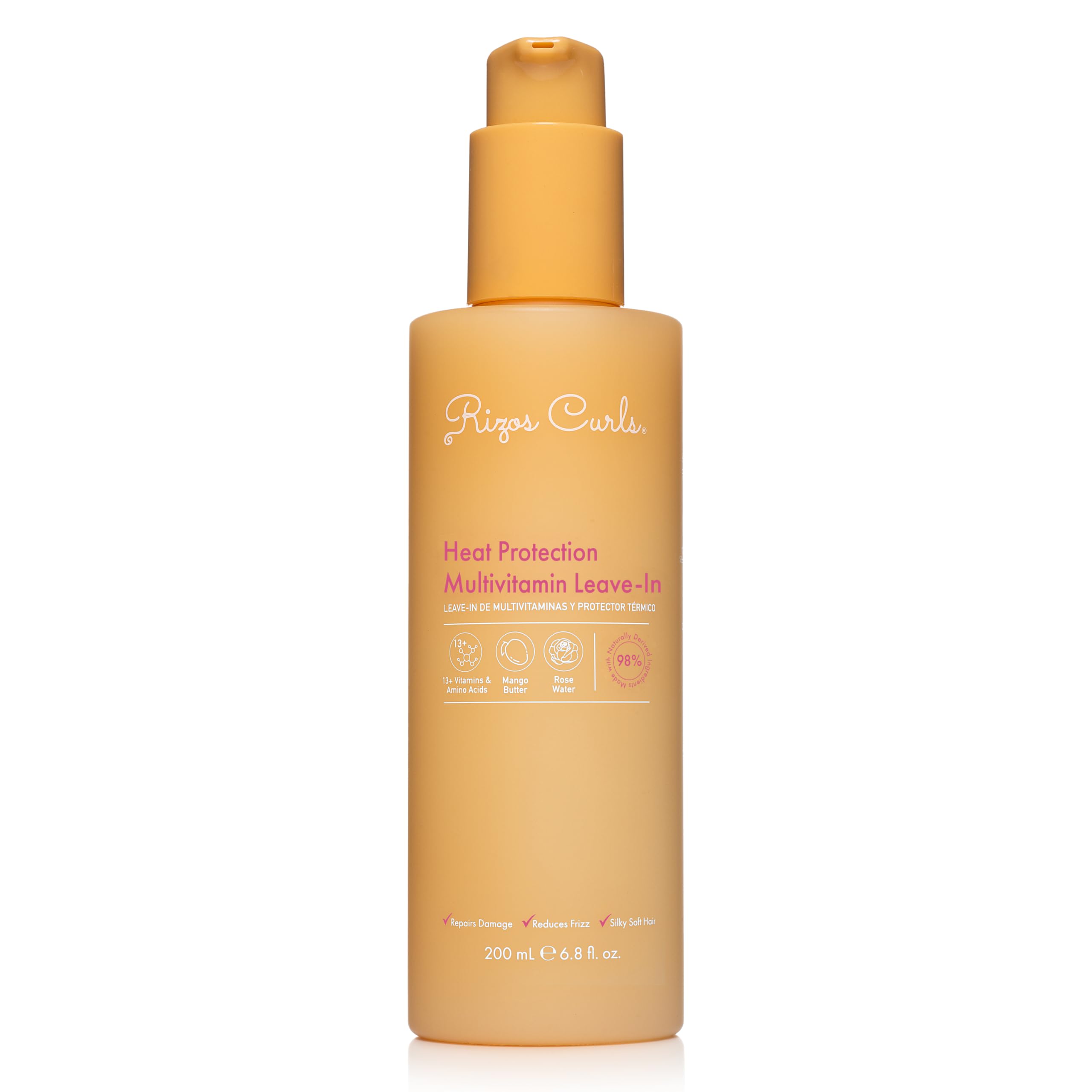 Rizos Curls Multivitamin Leave-In bottle protects hair from heat up to 450°F.