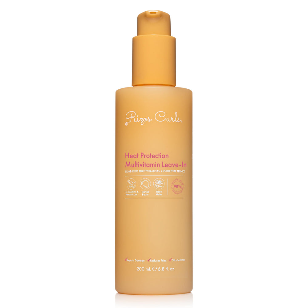Rizos Curls Multivitamin Leave-In bottle protects hair from heat up to 450°F.