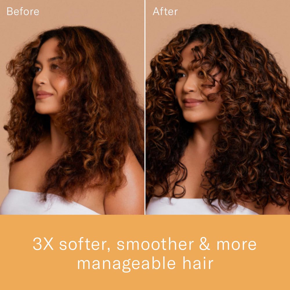 Rizos Curls Multivitamin Leave-In apply-styling smooths hair before blow-dry.