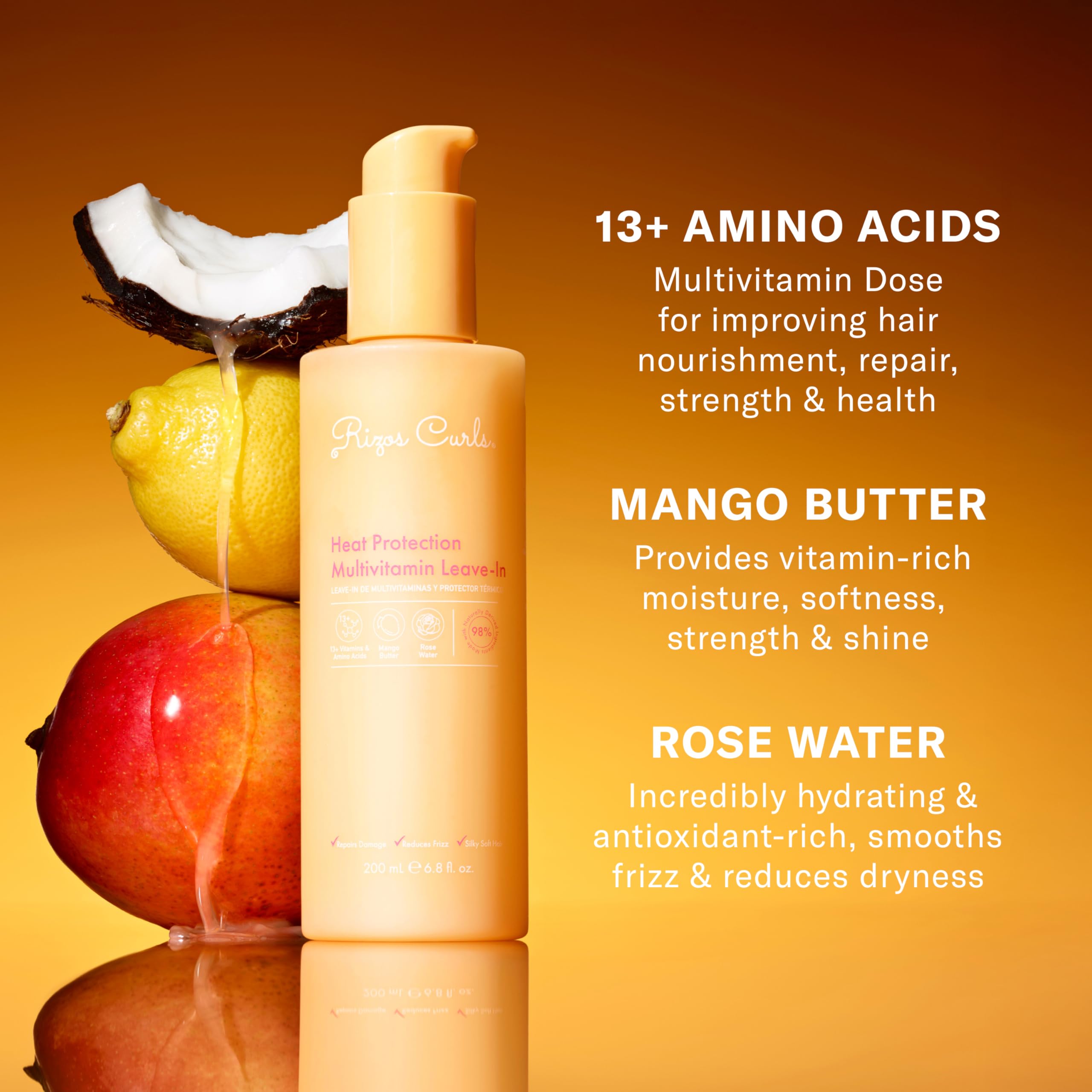 Rizos Curls Multivitamin Leave-In vegan cruelty-free formula supports daily use on color-treated hair.