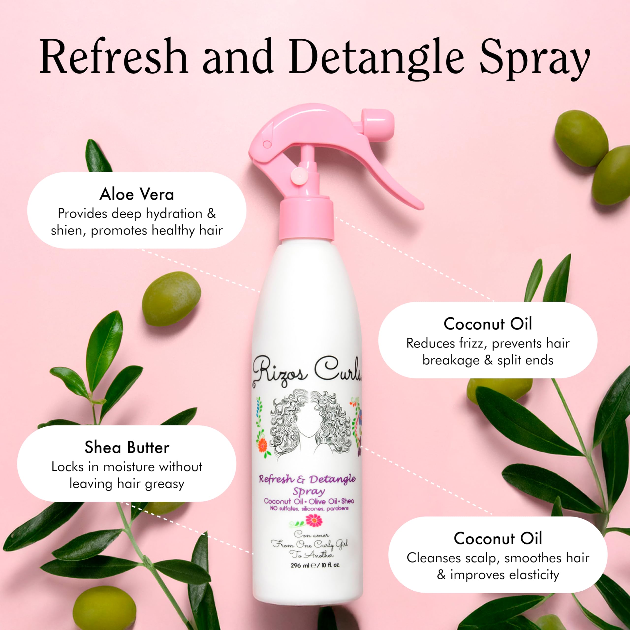 Rizos Curls natural ingredients aloe coconut shea bottle highlighting nourishing, natural care