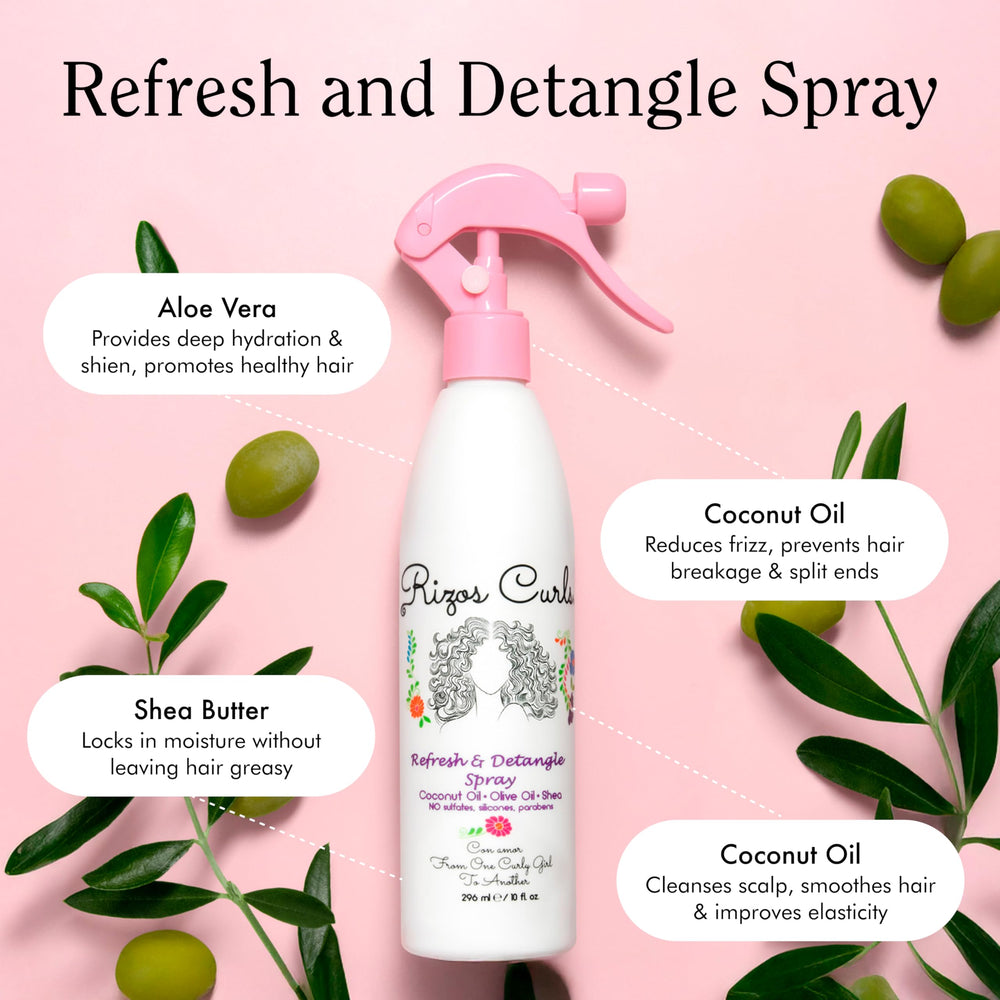 Rizos Curls natural ingredients aloe coconut shea bottle highlighting nourishing, natural care
